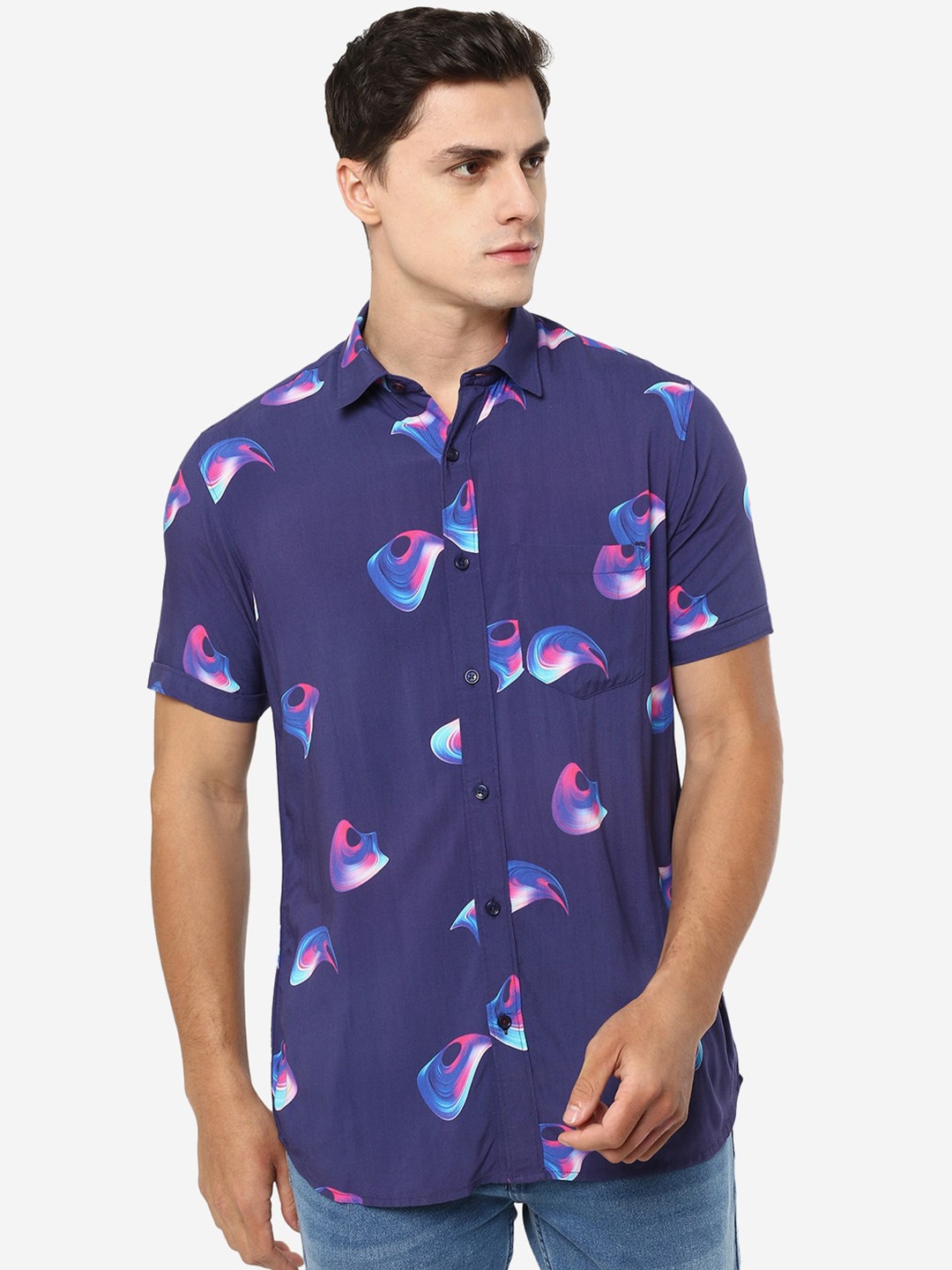 

JADE BLUE Abstract Printed Spread Collar Cotton Slim Fit Casual Shirt