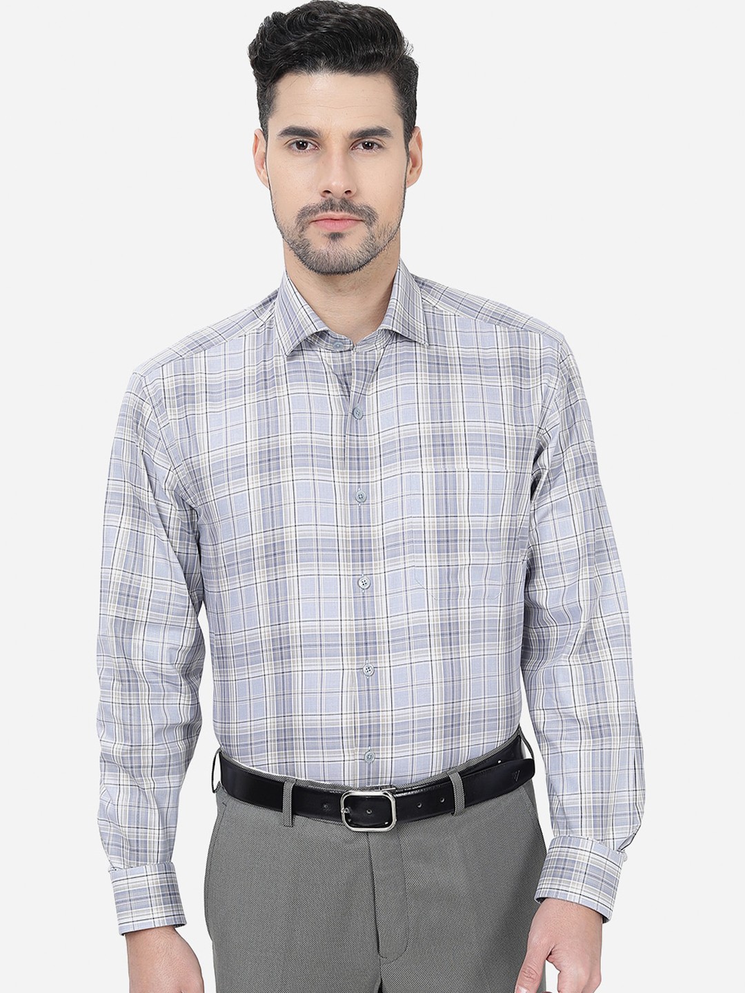

JADE BLUE Plus Size Checks Cotton Formal Shirt, Grey