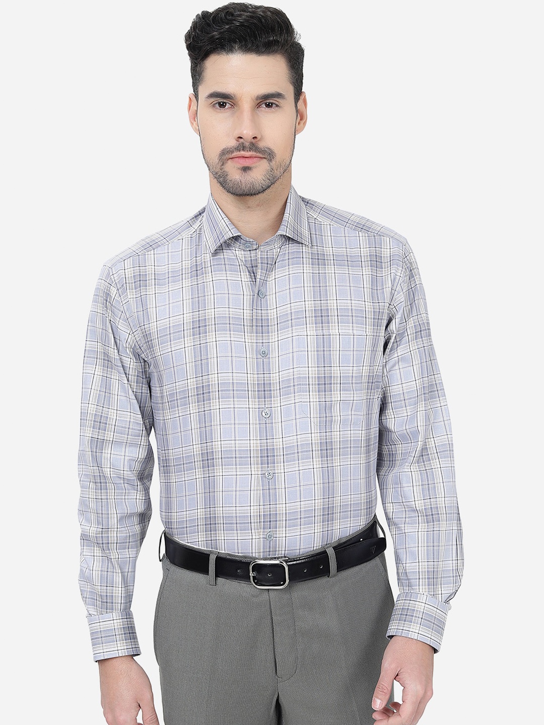 

JADE BLUE Plus Size Checks Cotton Formal Shirt, Grey