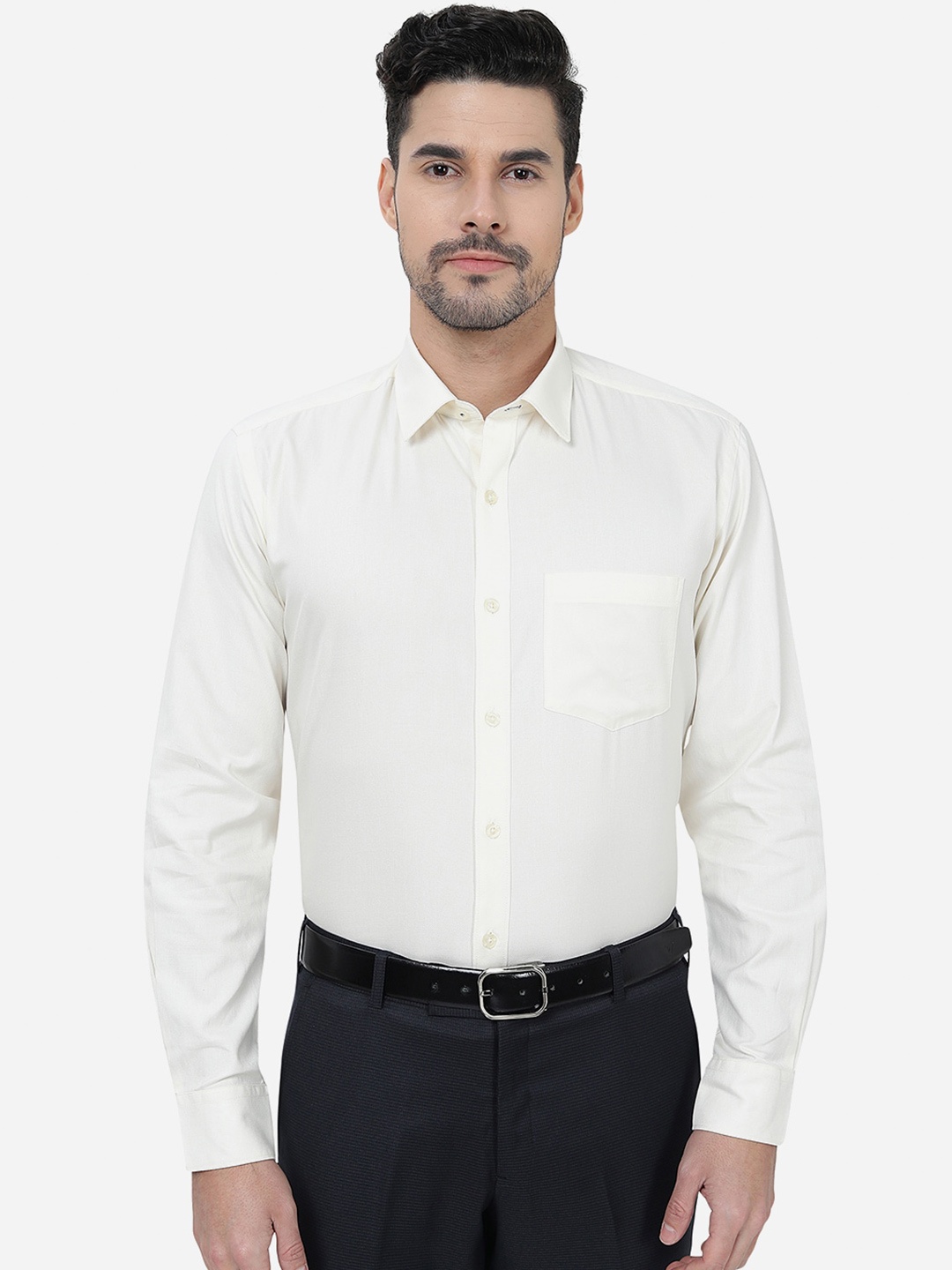 

JADE BLUE Spread Collar Cotton Slim Fit Opaque Formal Shirt, Cream