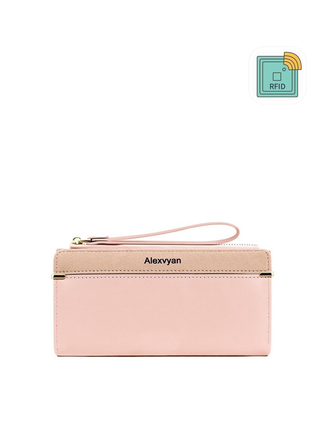 

Alexvyan Women Pink & Gold-Toned Colourblocked PU Two Fold Wallet