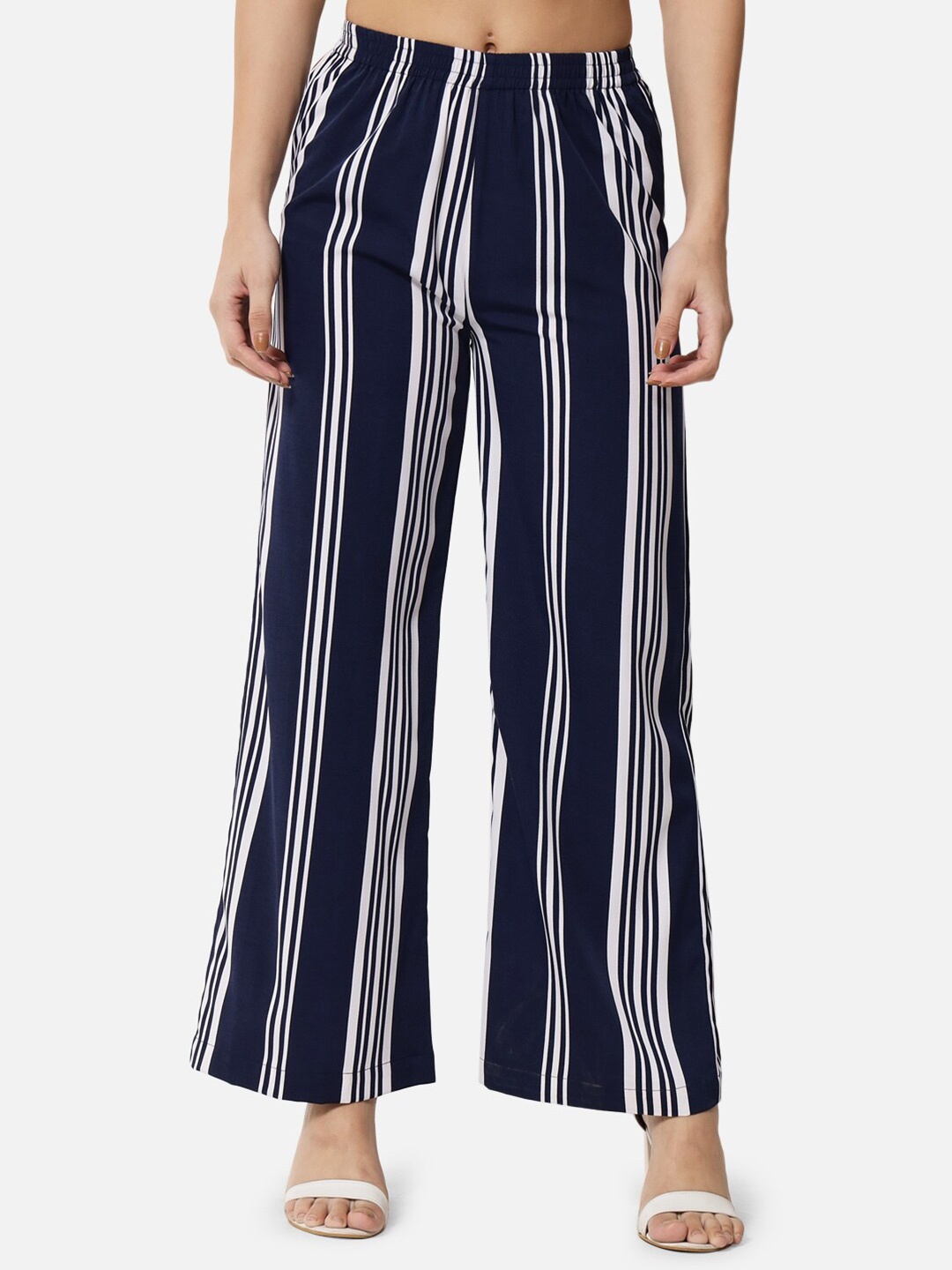 

ALL WAYS YOU Women Striped Straight Palazzos, Navy blue