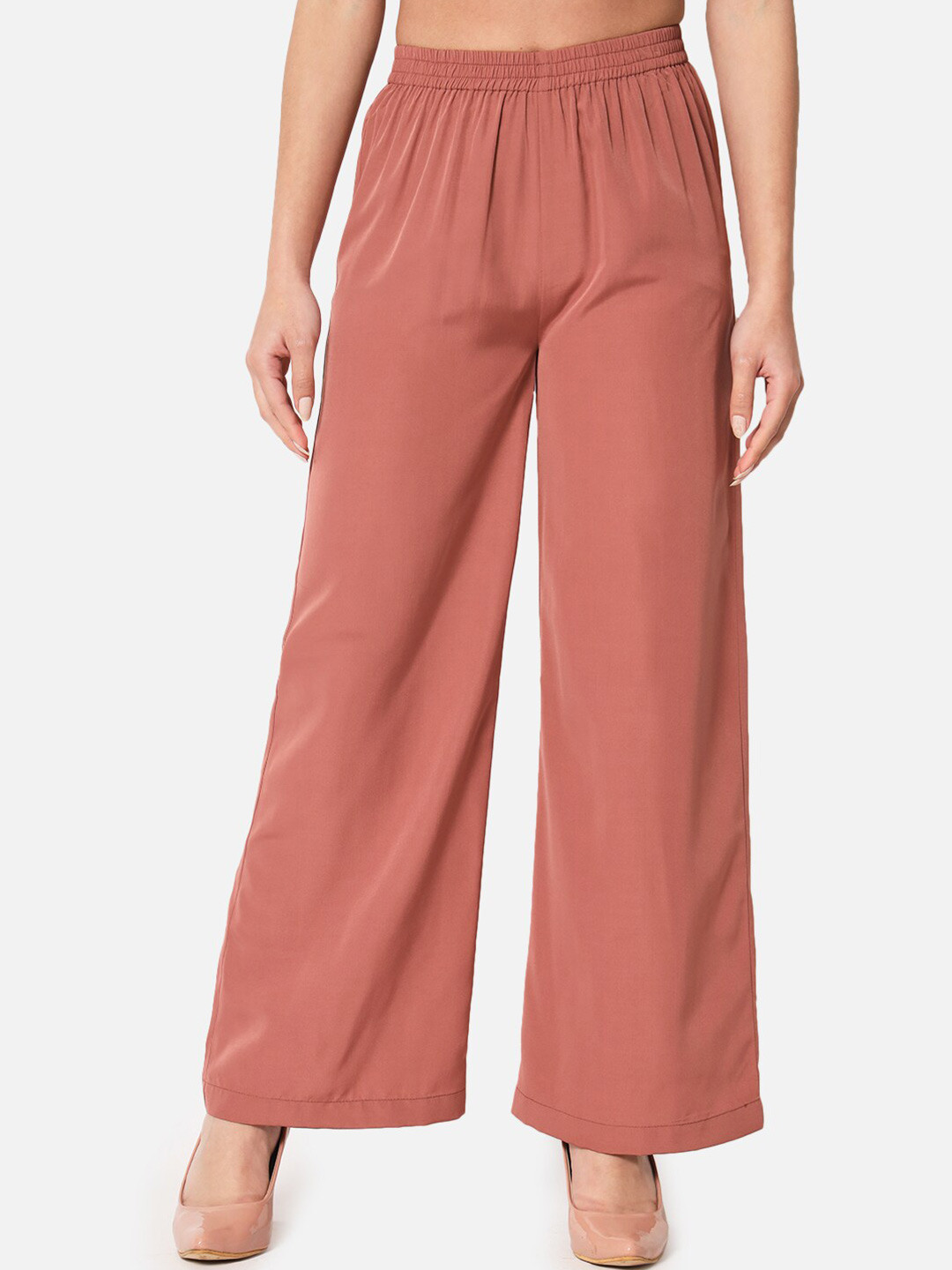 

ALL WAYS YOU Women Elasticated Slip-On Wide-Leg Palazzos, Brown