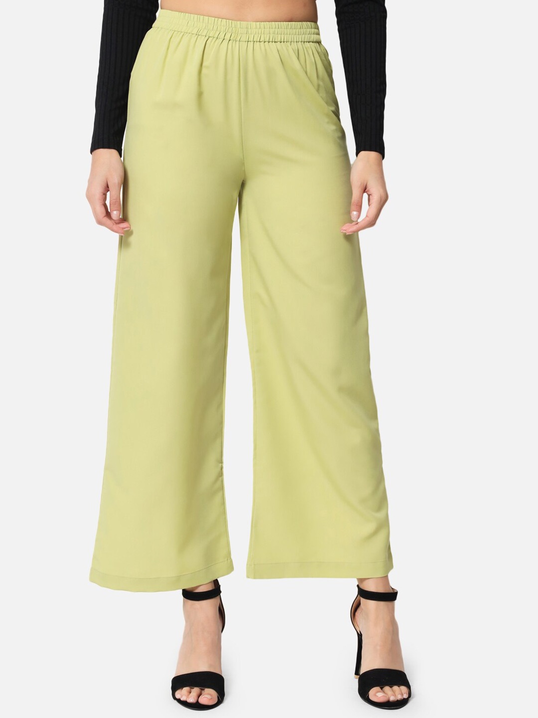 

ALL WAYS YOU Women Elasticated Slip-On Wide-Leg Palazzos, Lime green