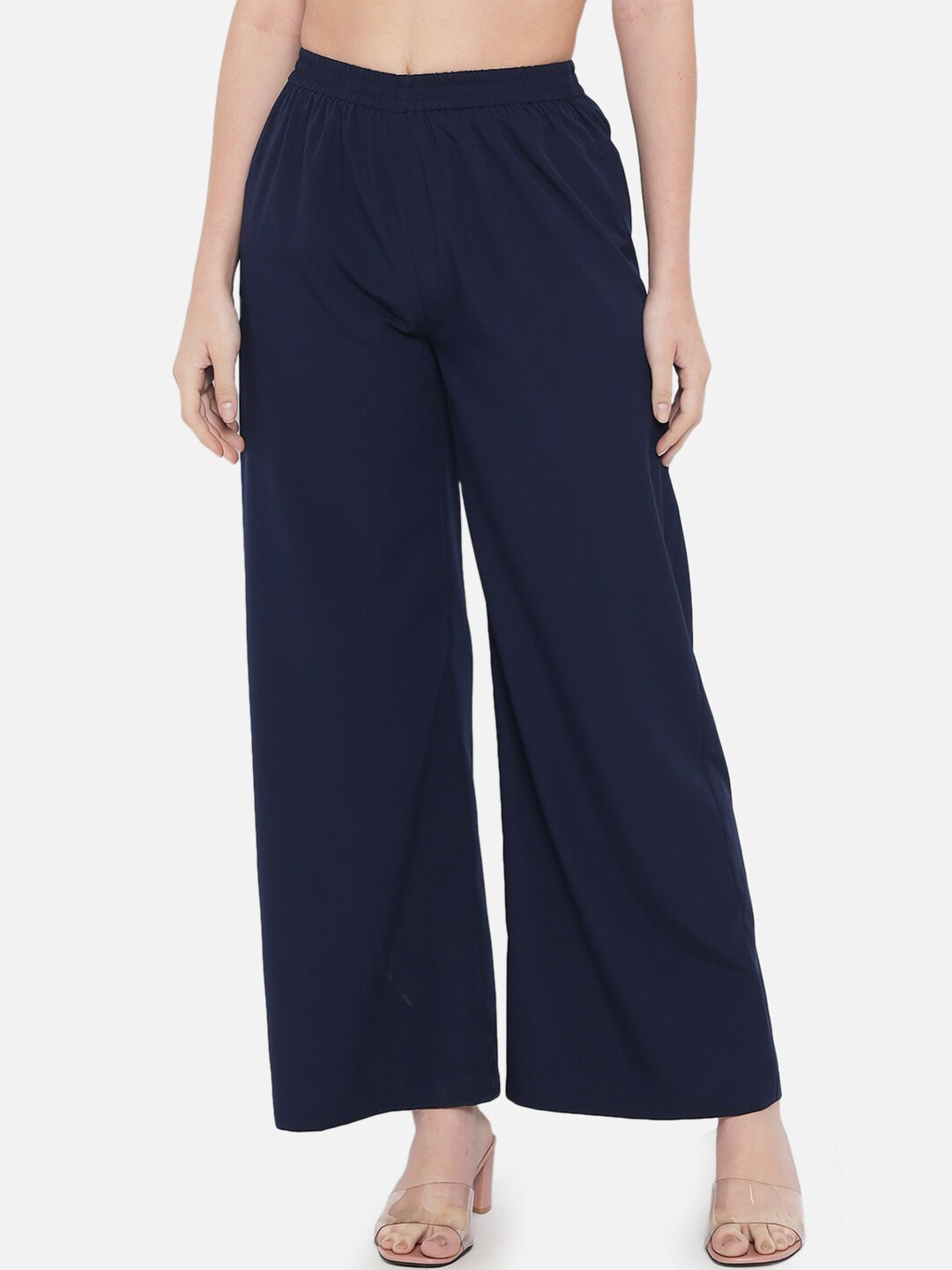 

ALL WAYS YOU Women Elasticated Slip-On Wide-Leg Palazzos, Navy blue