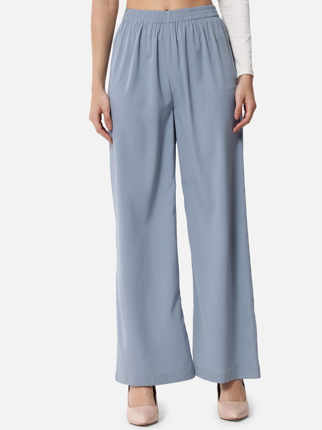 

ALL WAYS YOU Women Elasticated Slip-On Wide-Leg Palazzos, Blue