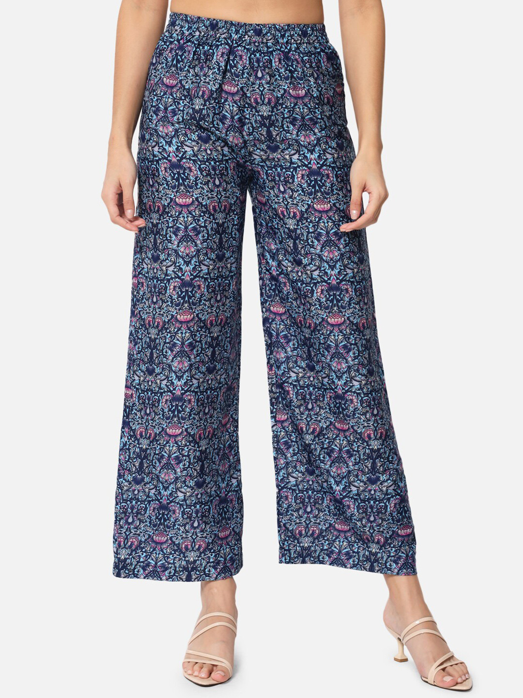 

ALL WAYS YOU Women Ethnic Motifs Printed Slip-On Wide-Leg Palazzos, Blue