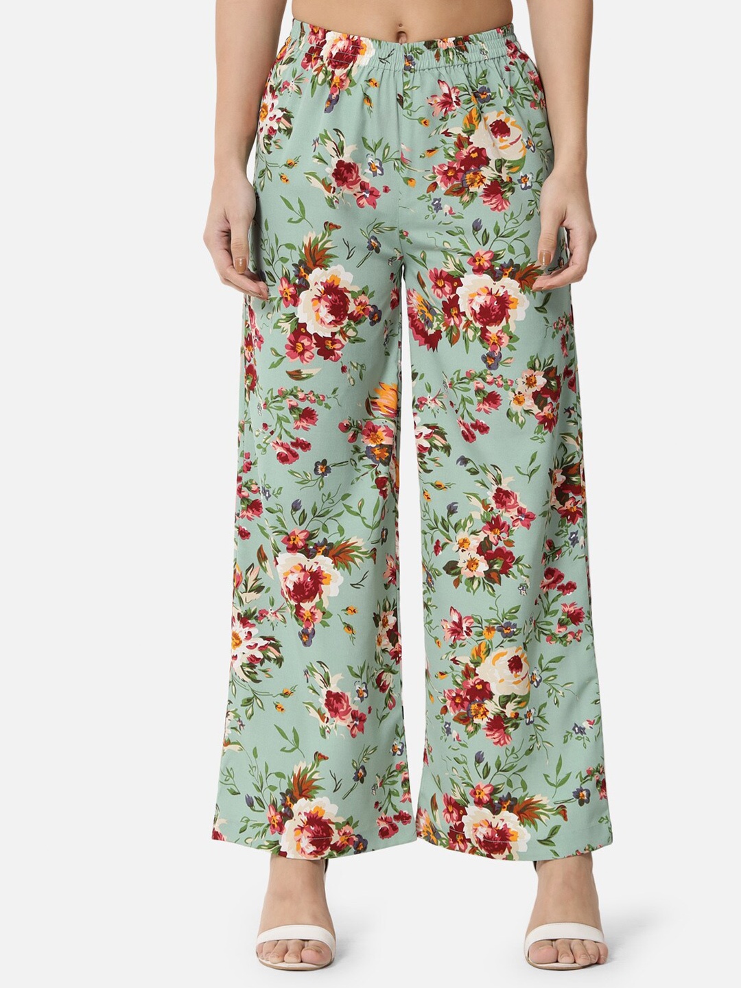 

ALL WAYS YOU Women Floral Printed Slip-On Wide-Leg Palazzos, Sea green