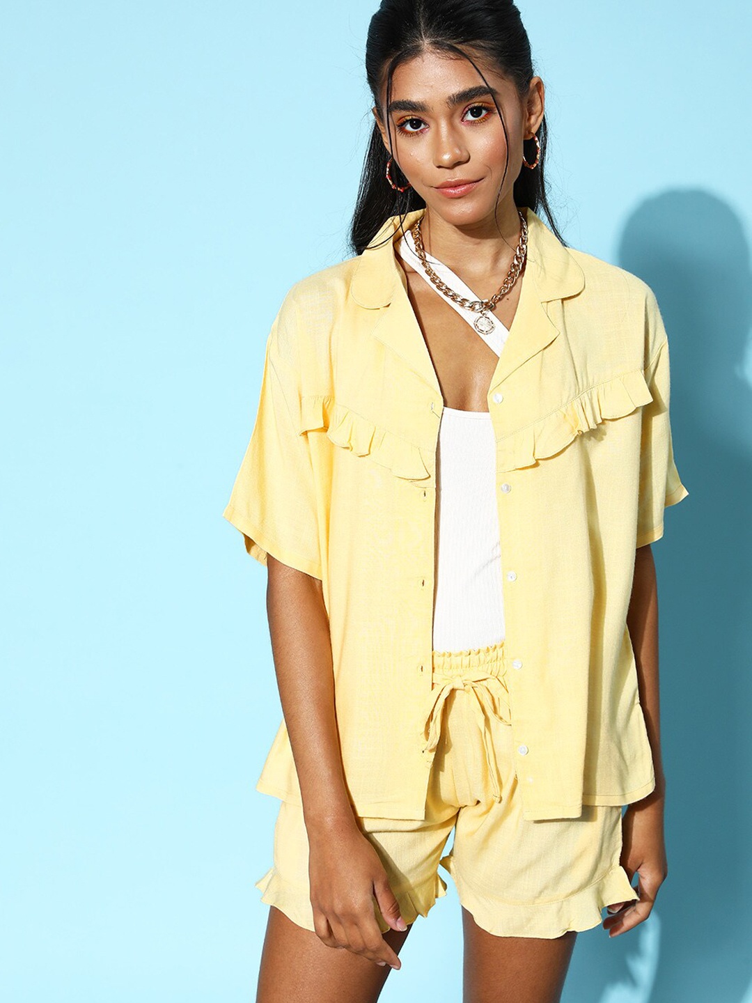 

beebelle Lapel Collar Ruffles Night Suit, Yellow