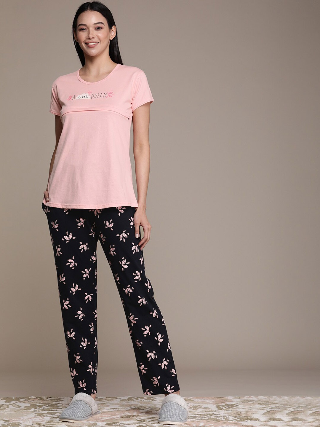 

beebelle Typography Printed Pure Cotton Maternity Night Suit, Peach