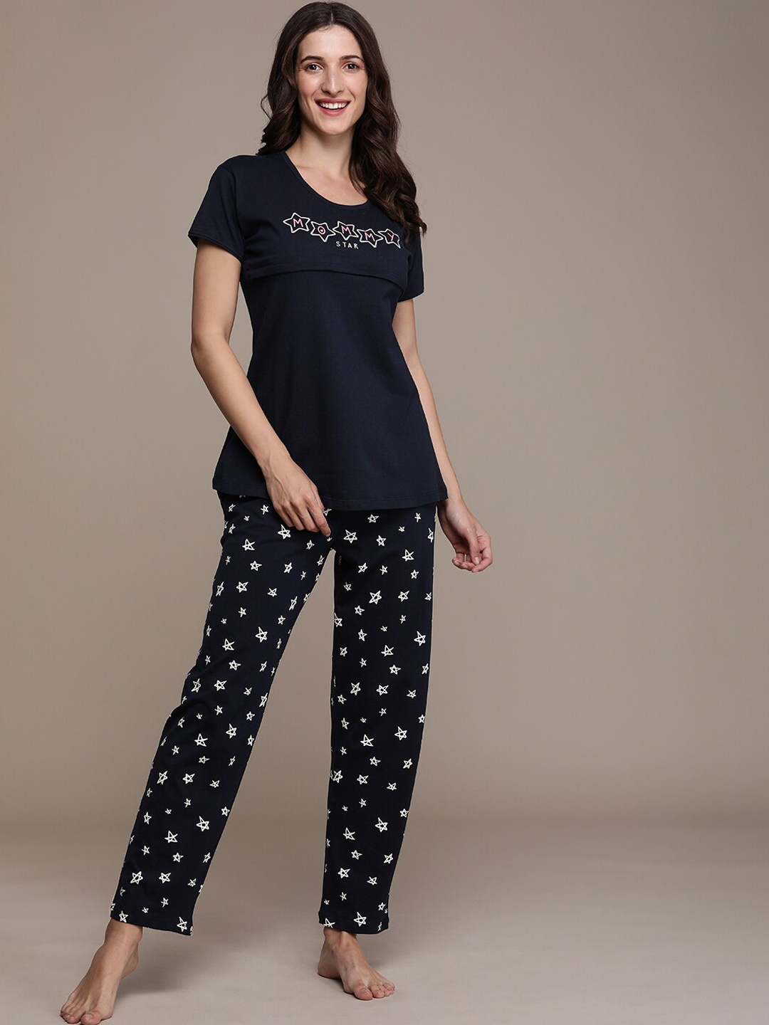 

beebelle Typography Printed Pure Cotton Maternity Night Suit, Navy blue