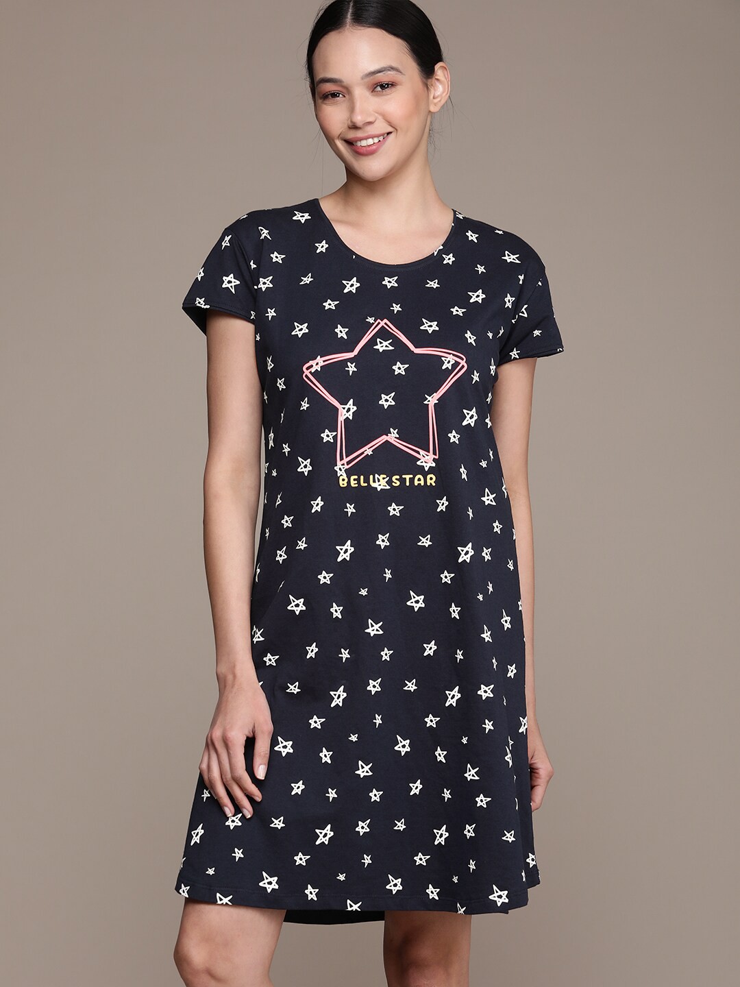

beebelle Stars Printed Pure Cotton Nightdress, Navy blue