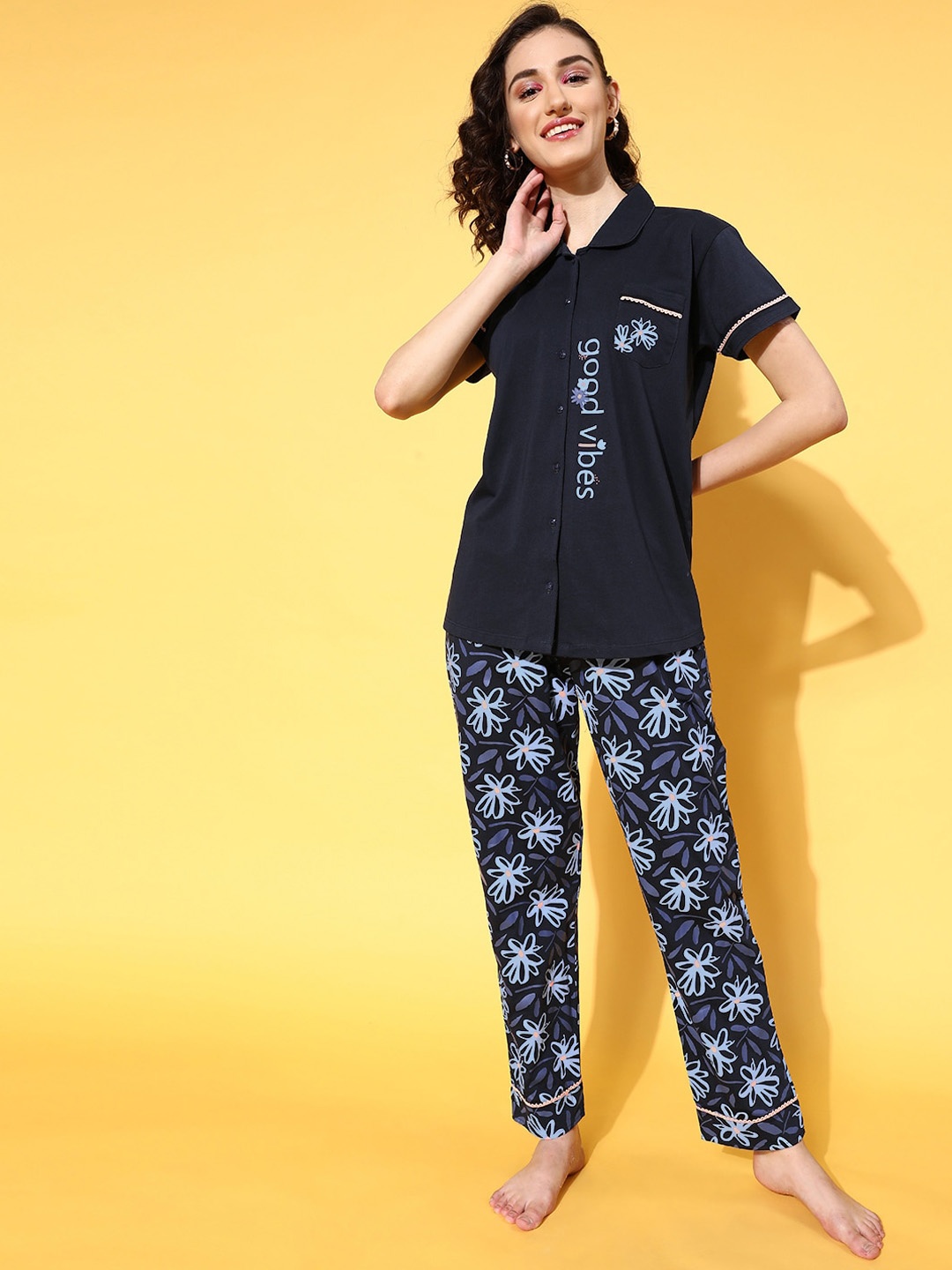 

beebelle tyPrinted Pure Cotton Night Suit, Navy blue