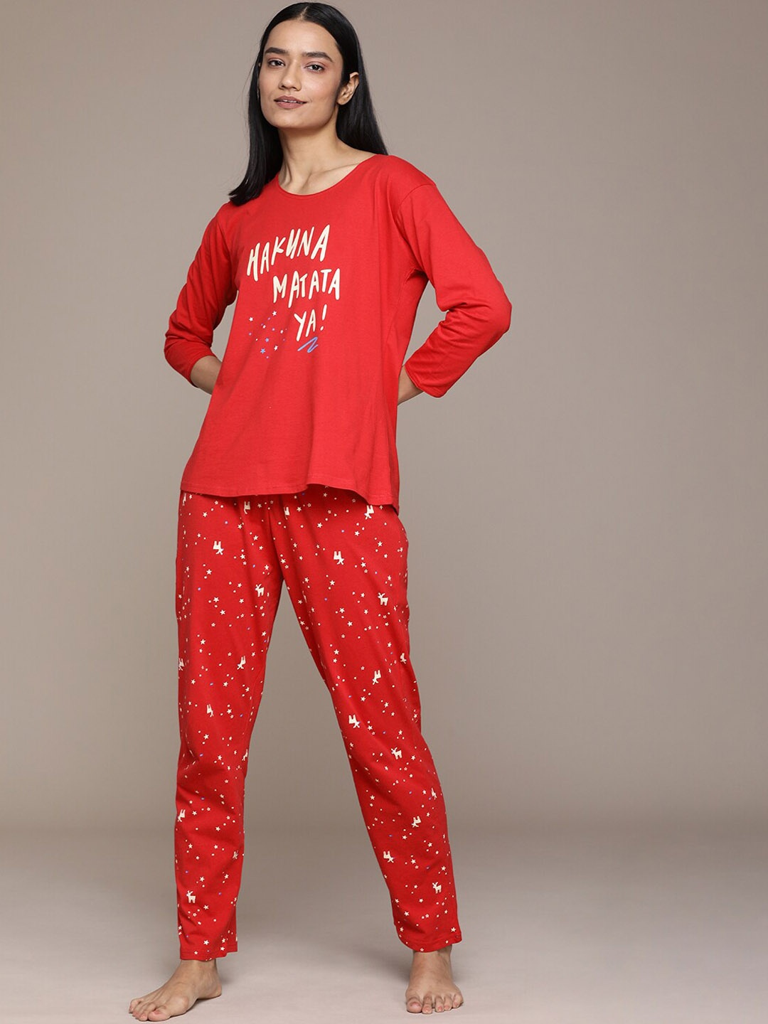 

beebelle Conversational Printed Pure Cotton Night Suit, Red