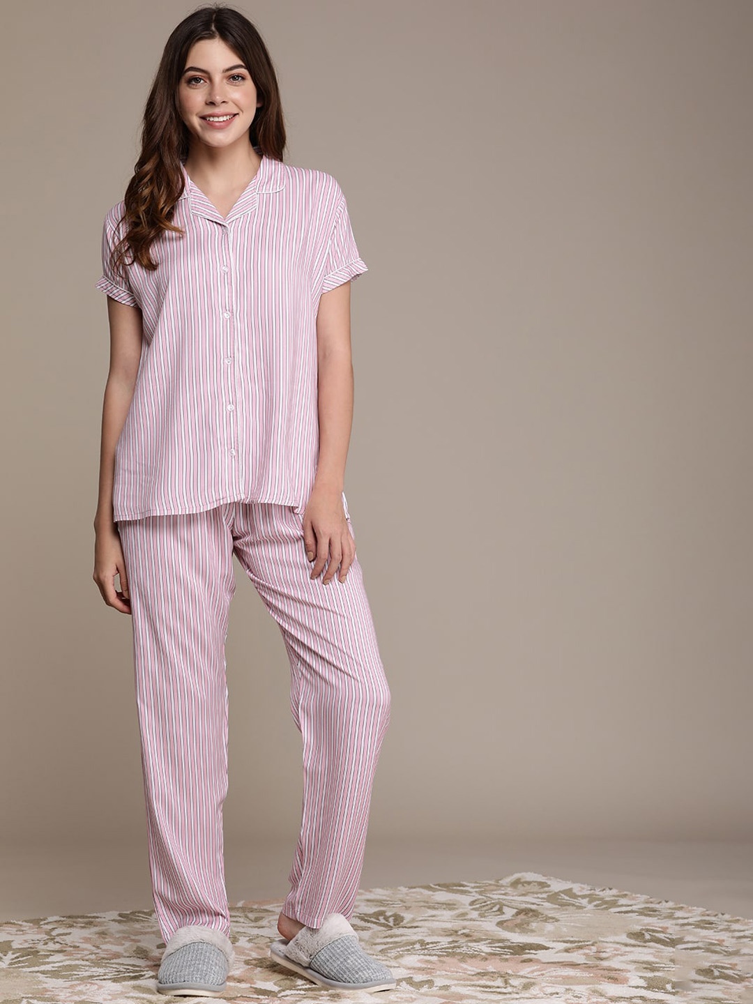 

beebelle Striped Lapel Collar Night Suit, Pink