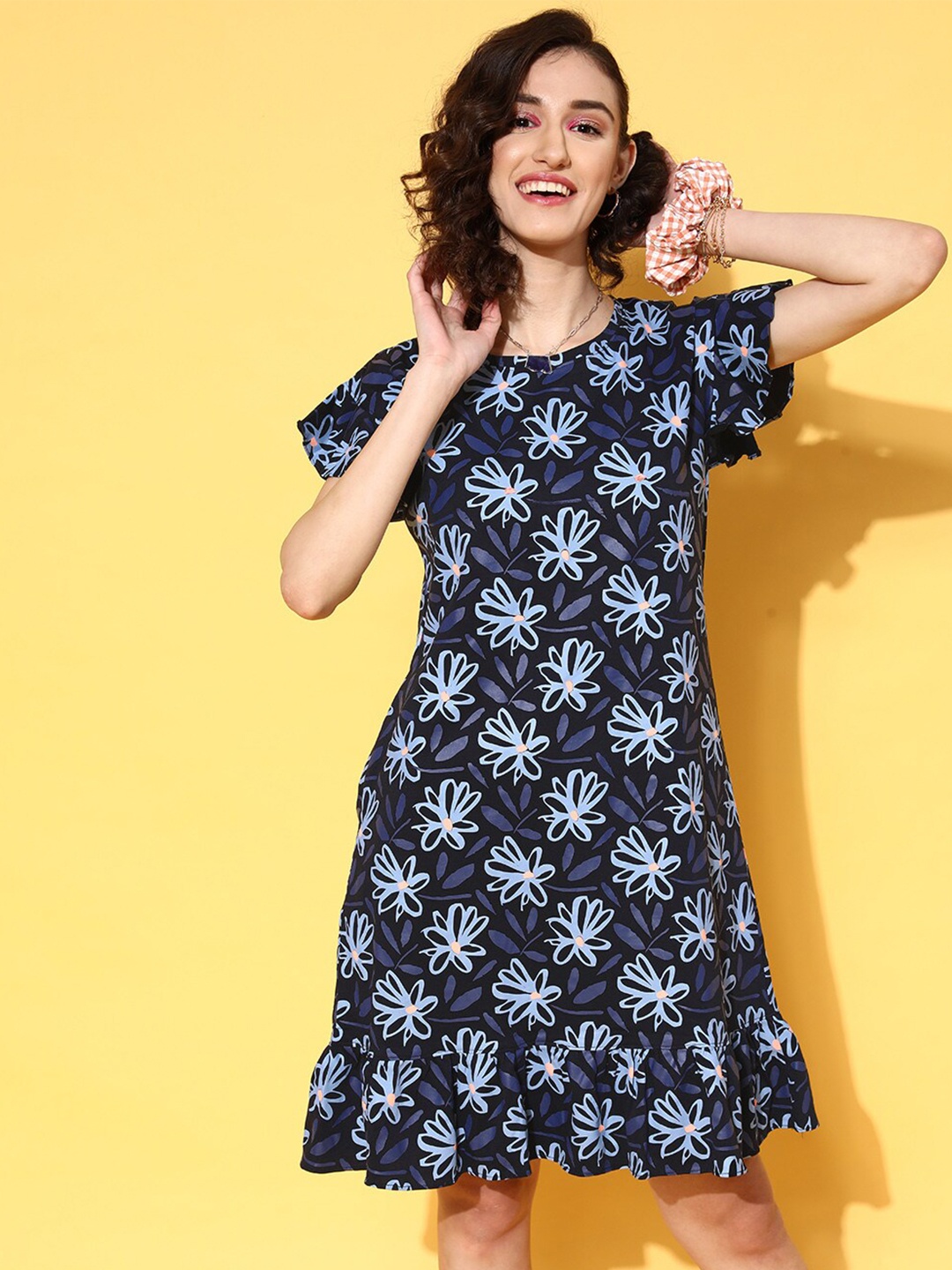 

beebelle Floral Printed Pure Cotton Nightdress, Navy blue