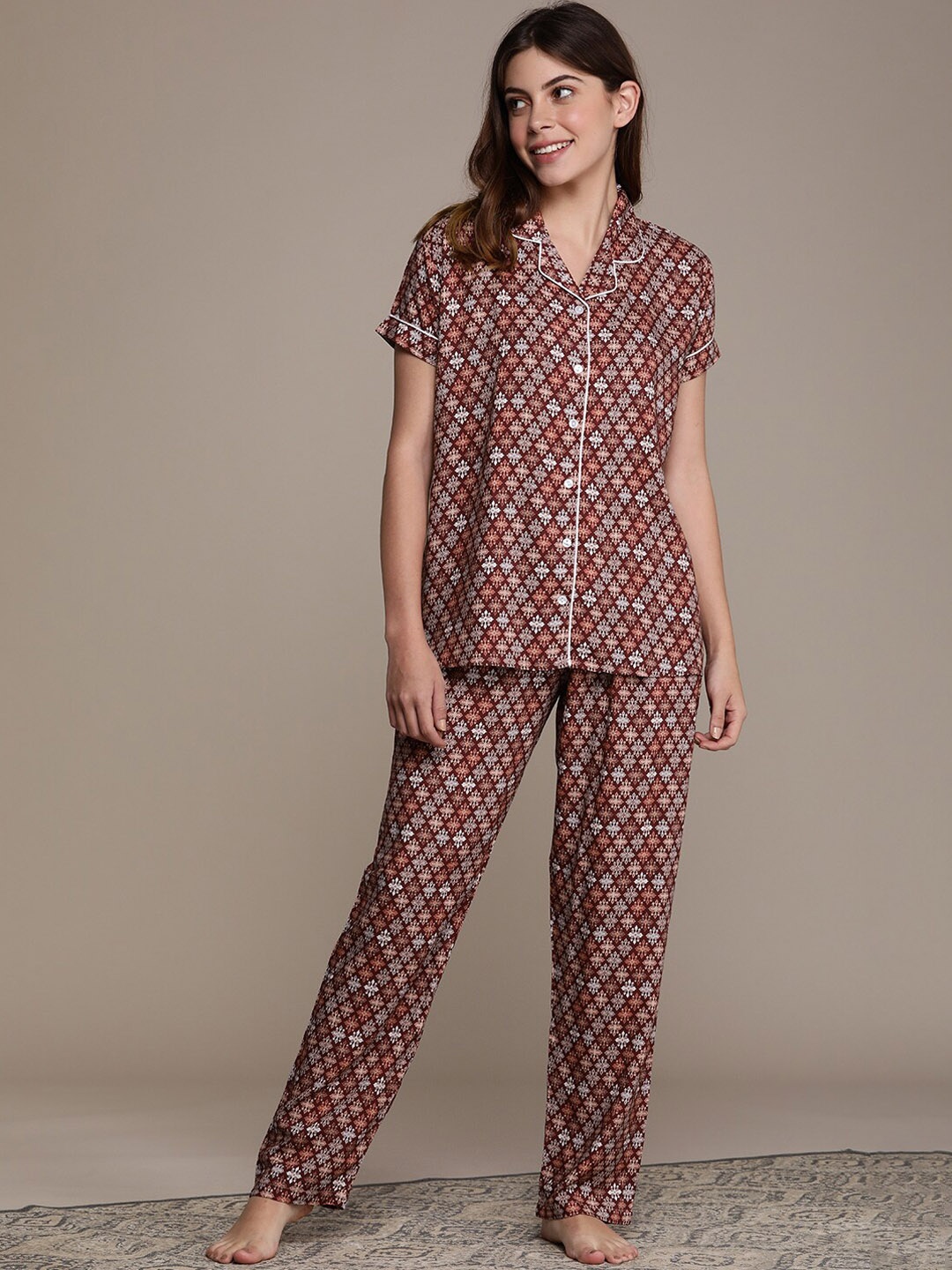 

beebelle Ethnic Motifs Printed Night Suit, Maroon