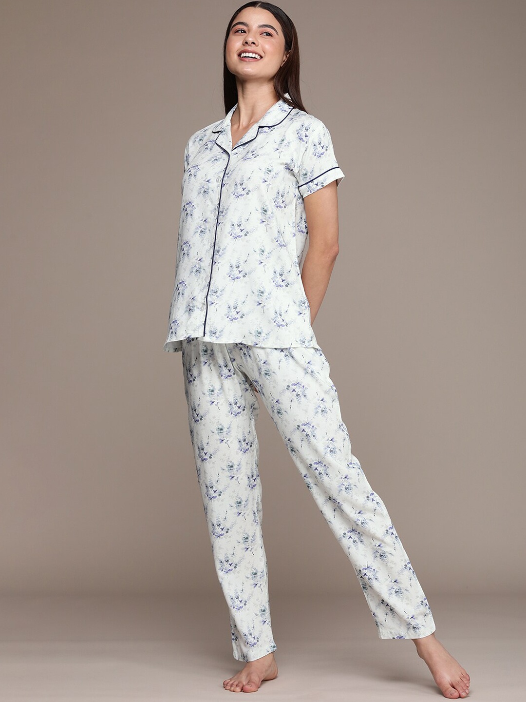 

beebelle Floral Printed Night Suit, Off white