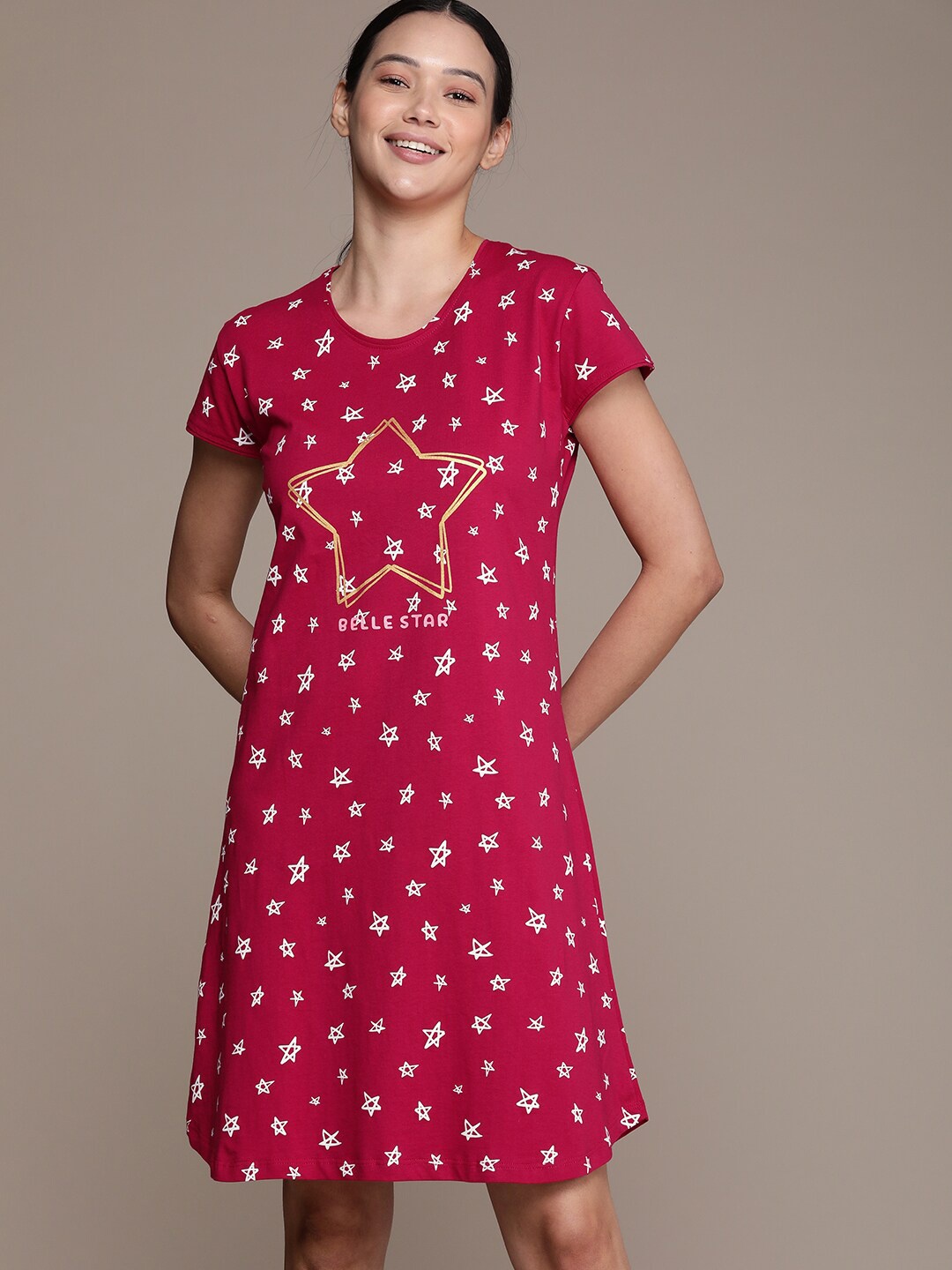 

beebelle Stars Printed Pure Cotton Nightdress, Maroon