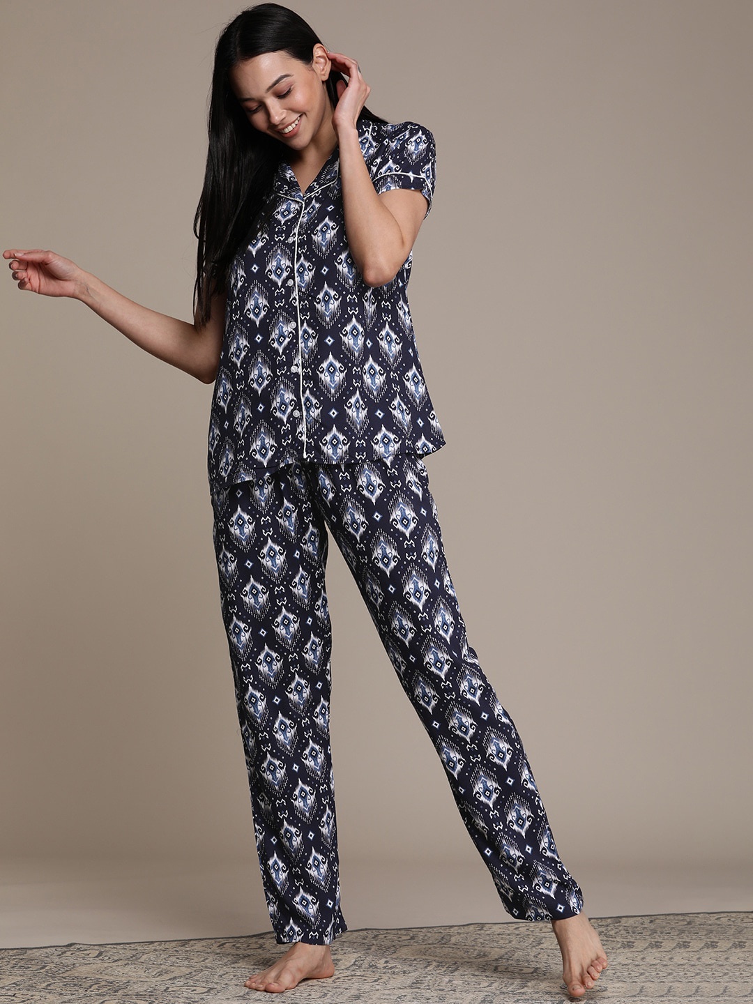 

beebelle Ethnic Motifs Printed Night Suit, Navy blue