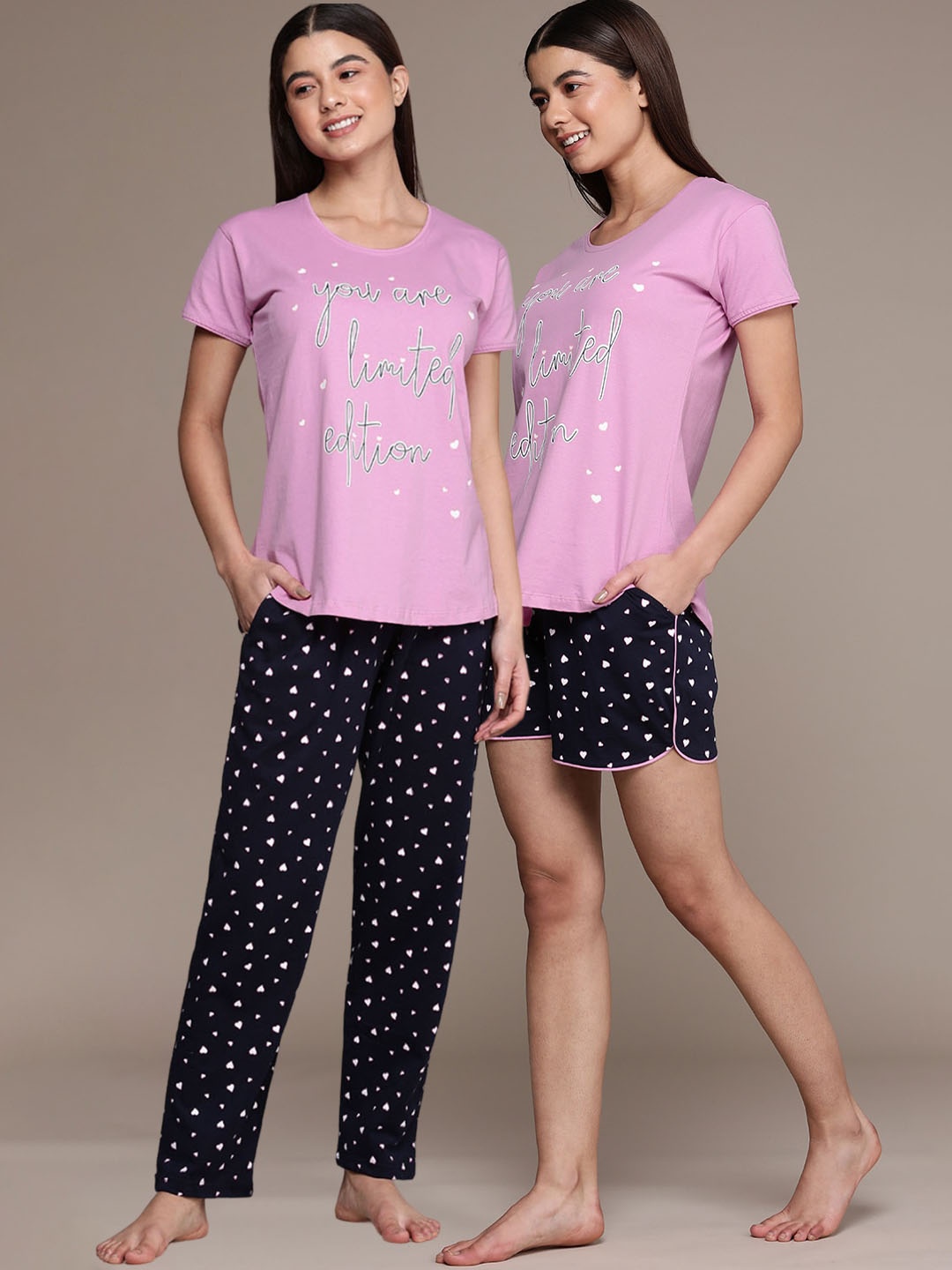 

beebelle Women Printed Pure Cotton T-Shirt with Pyjam & Shorts, Pink