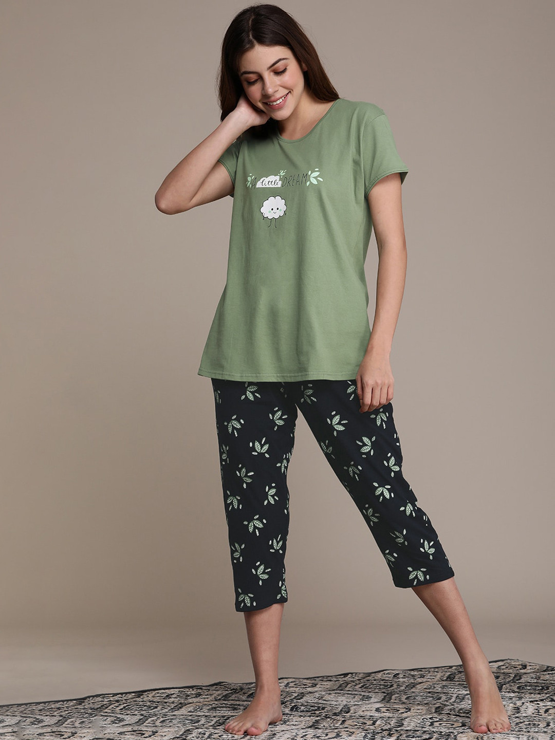 

beebelle Graphic Printed Pure Cotton Night Suit, Green