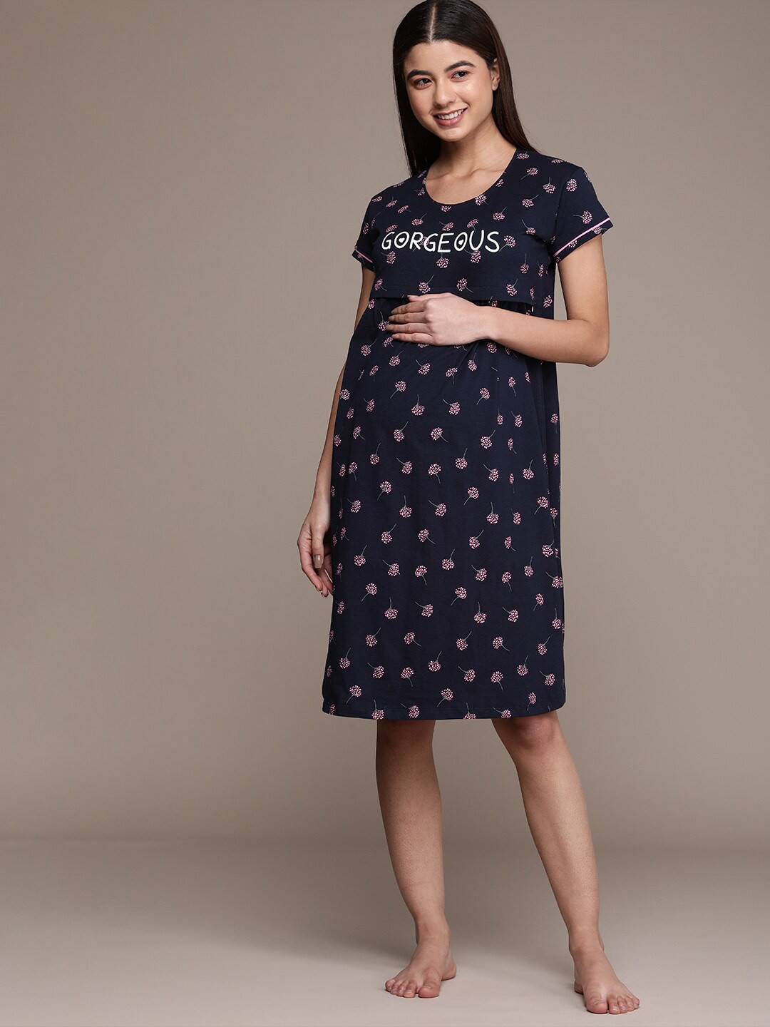 

beebelle Floral Printed Pure Cotton Maternity Nightdress, Navy blue