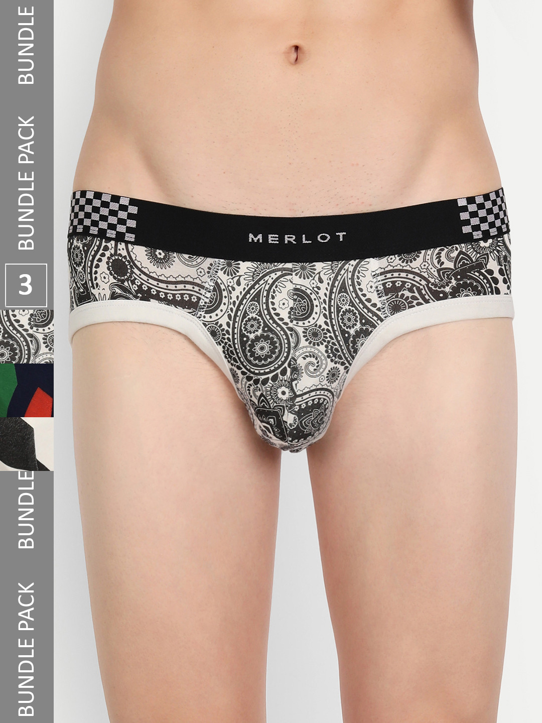 

MERLOT Men Pack Of 3 Printed Intelli-Fresh & Ultra-Soft Basic Briefs, White