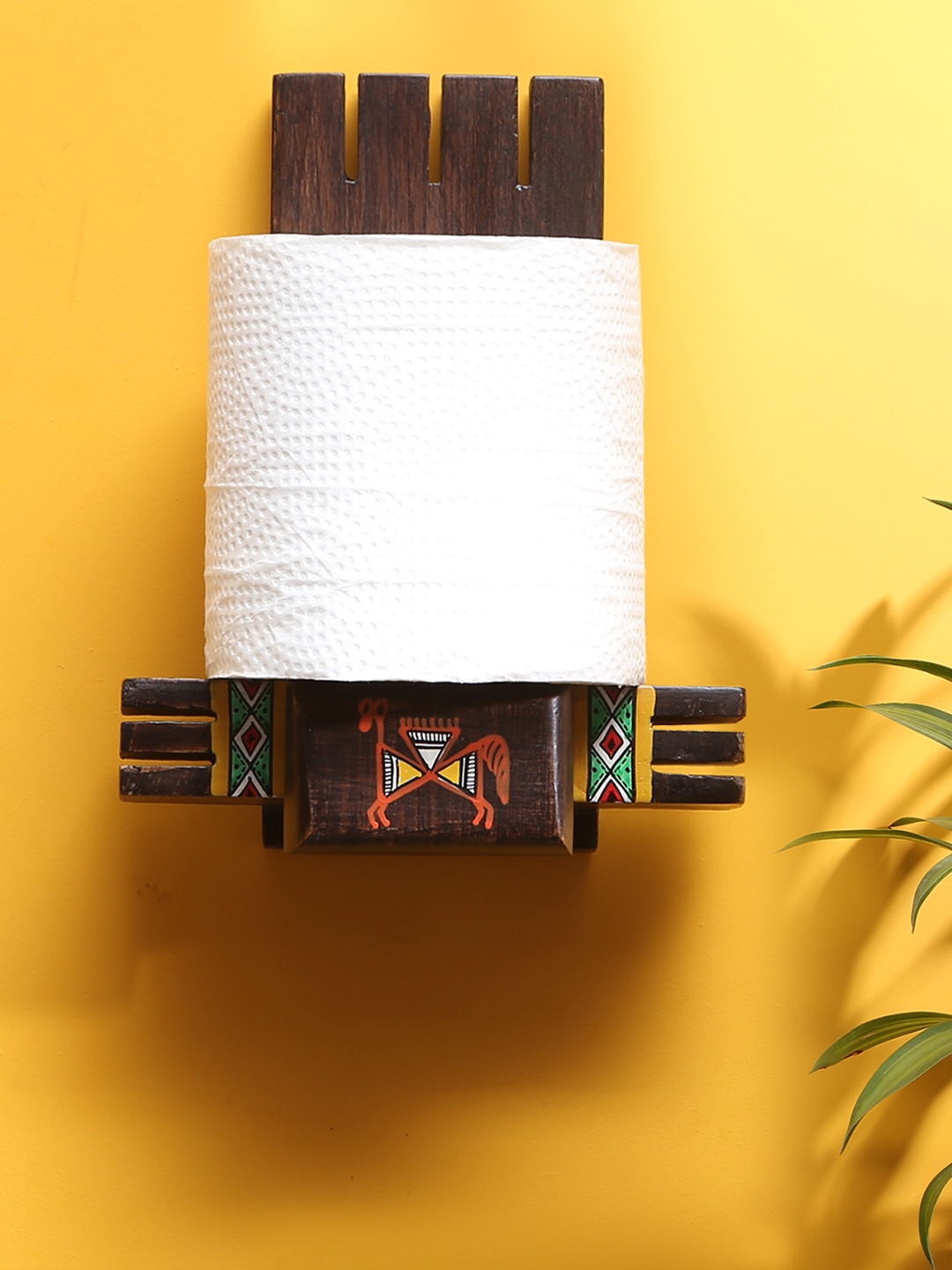 

ExclusiveLane Brown Warli Hand-Painted Teak Wooden Tissue Roll Holder