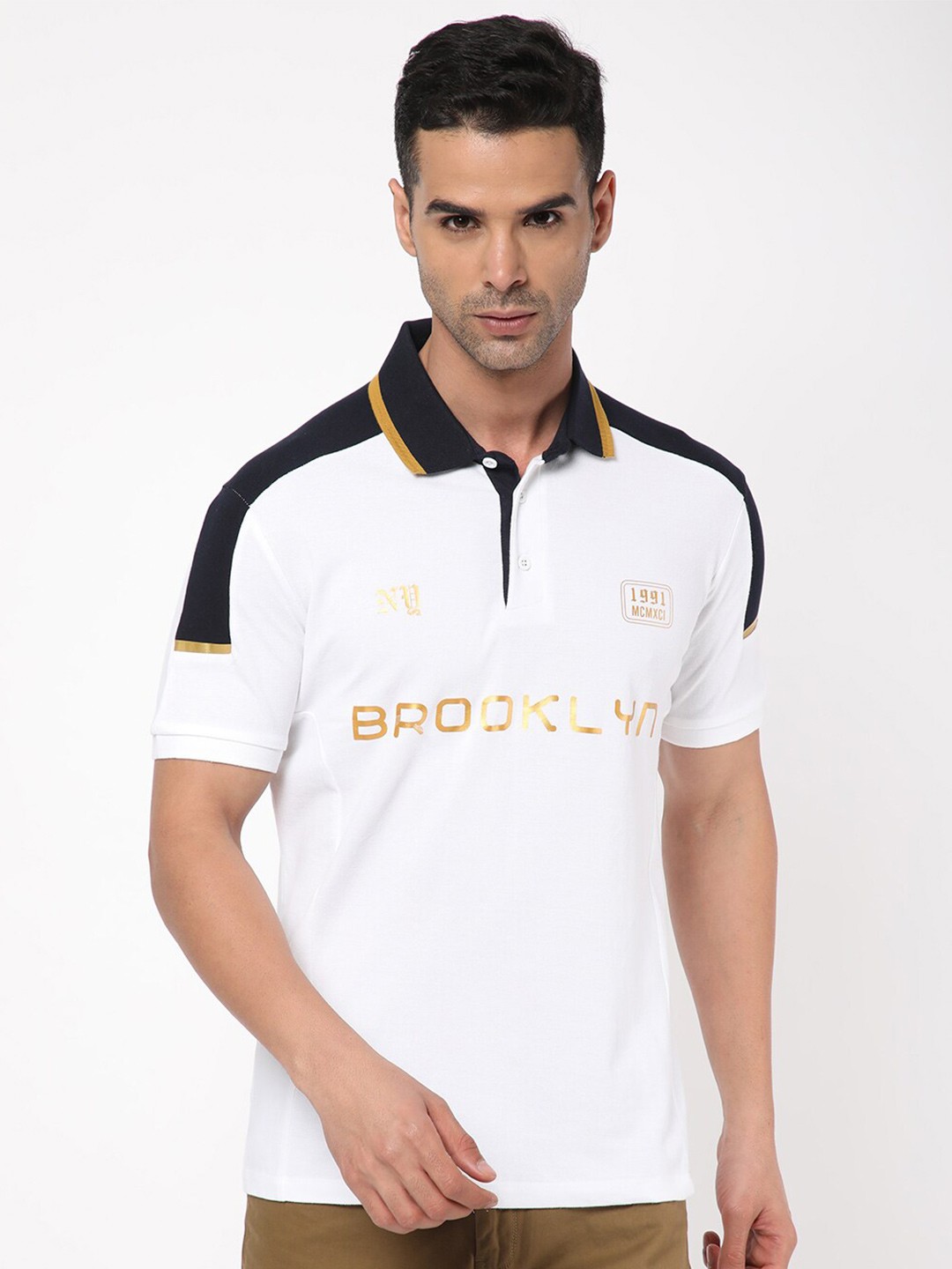 

R&B Men Typography Printed Polo Collar Slim Fit Cotton T-shirt, White
