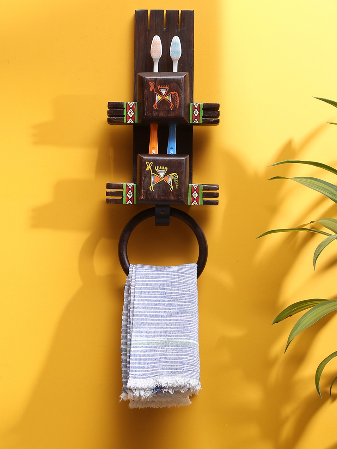 

ExclusiveLane Brown Warli Teak Wood Hand-Painted Toothbrush & Towel Holder