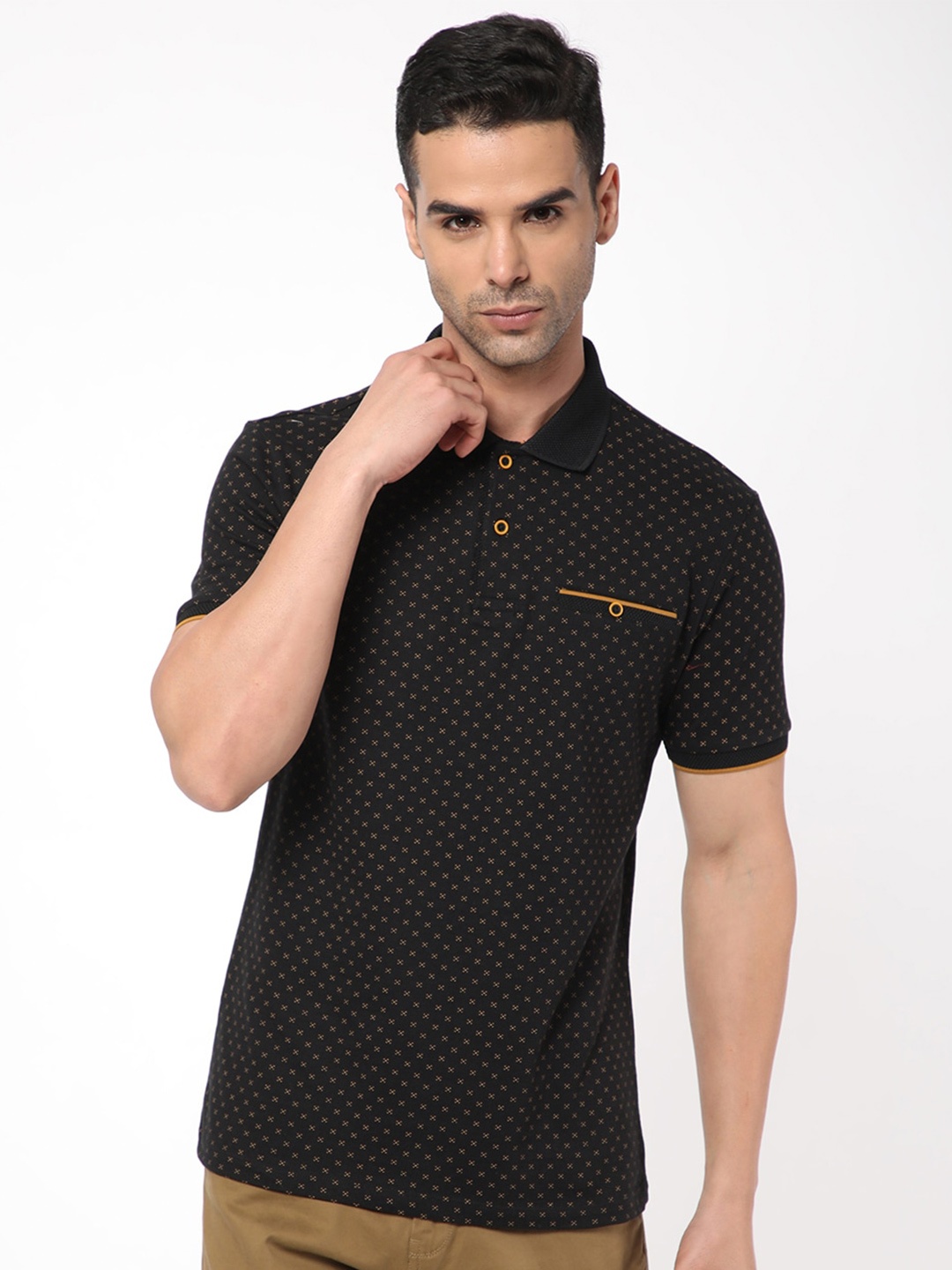 

R&B Geometric Printed Polo Collar Slim Fit Cotton T-shirt, Black