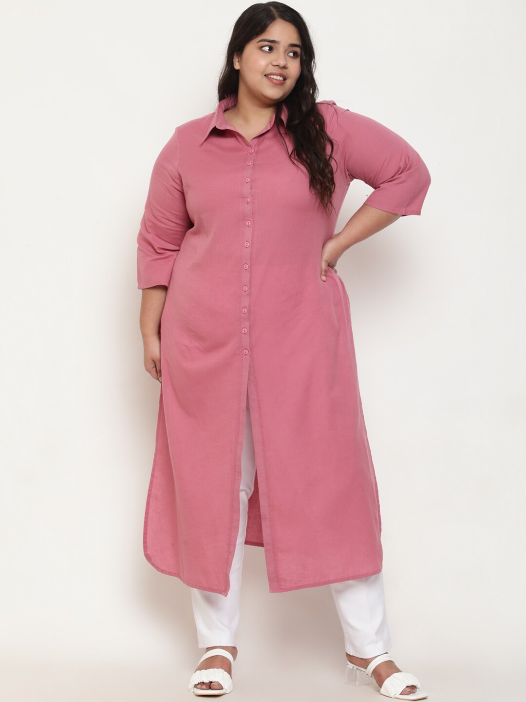 

Amydus Plus Size Cotton Linen Button Longline Kurtas, Pink