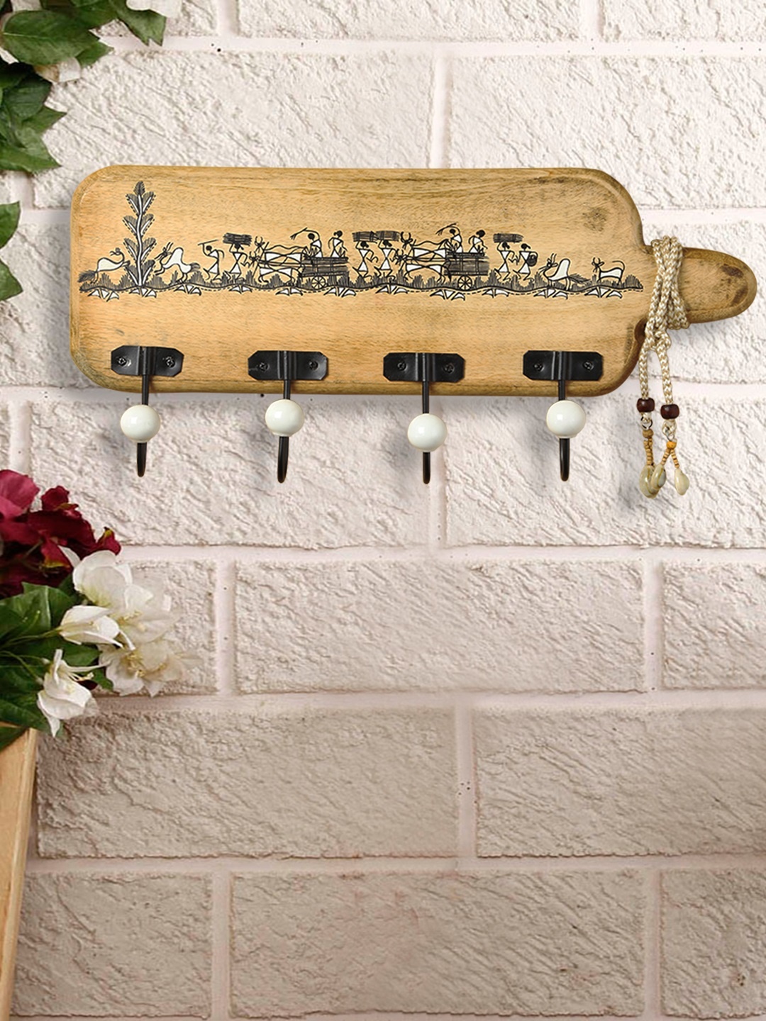 

ExclusiveLane Beige Cloth Hanger With Warli Hand-Painting Wooden Jute Dori