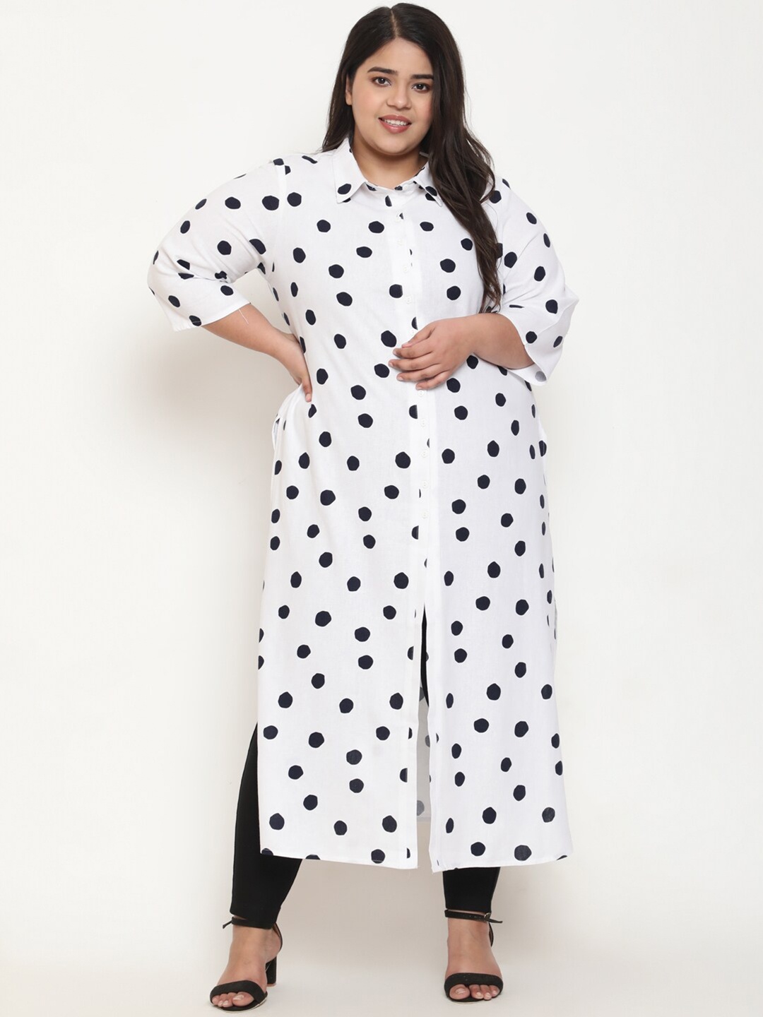 

Amydus Plus Size Cotton Linen Button Longline Kurtas, White