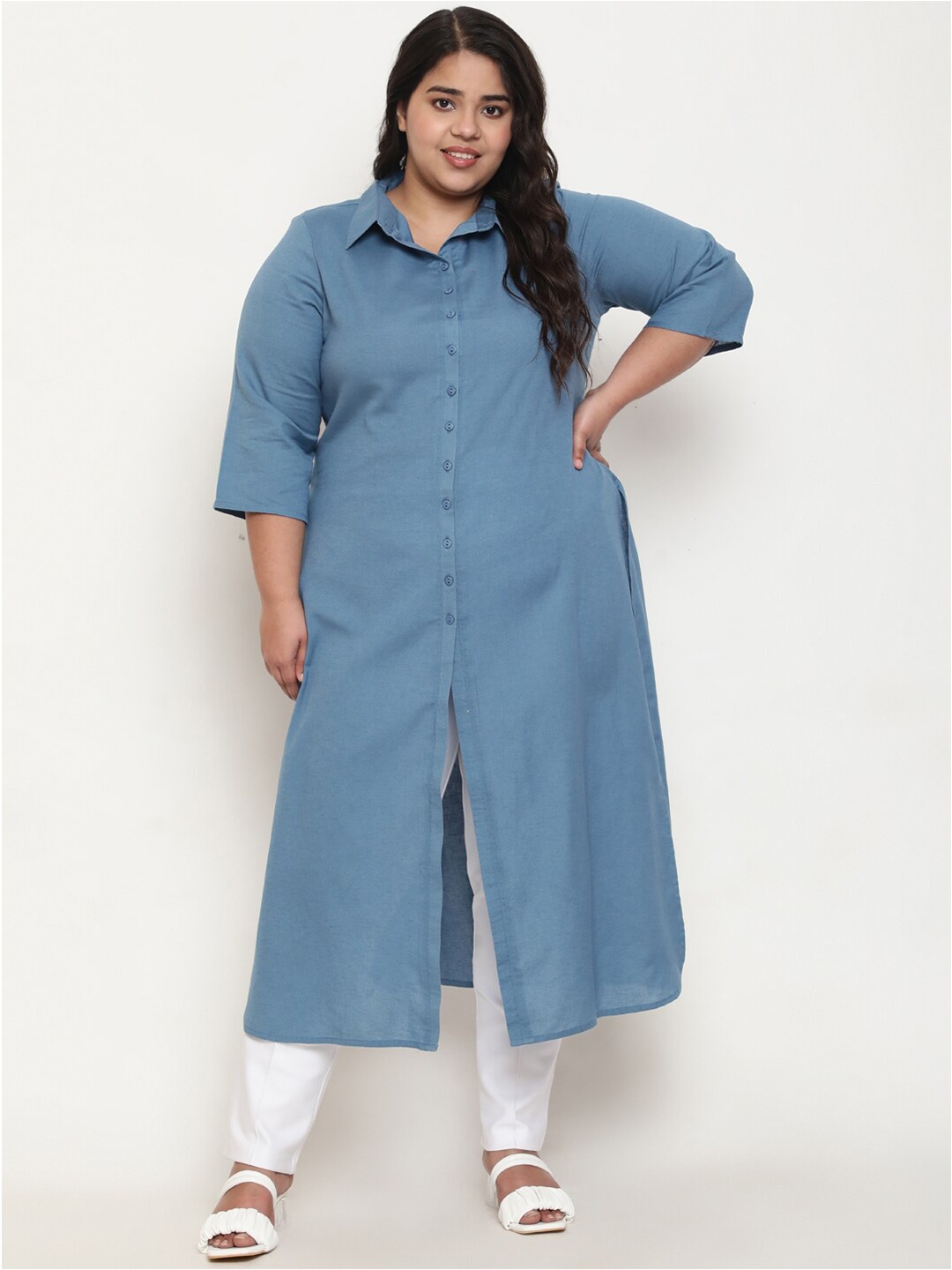 

Amydus Plus Size Cotton Linen Button Longline Kurtas, Blue