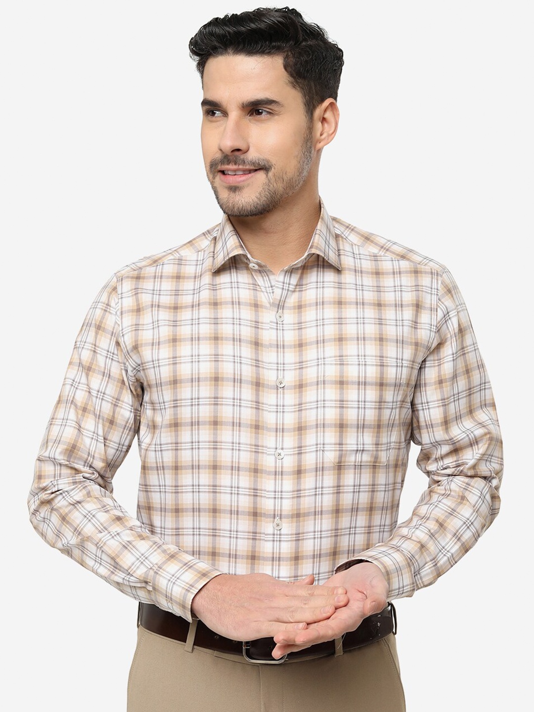 

METAL Tartan Checks Cotton Slim Fit Formal Shirt, Beige