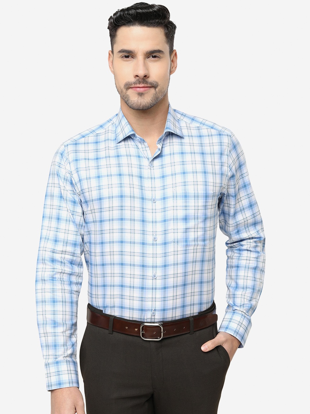 

METAL Checked Slim Fit Long Sleeves Cotton Formal Shirt, Blue