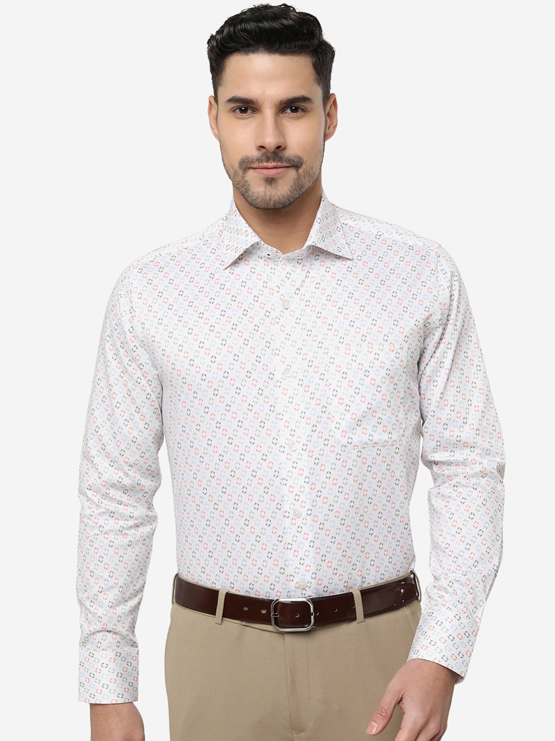 

METAL Micro Ditsy Printed Spread Collar Cotton Slim Fit Formal Shirt, White