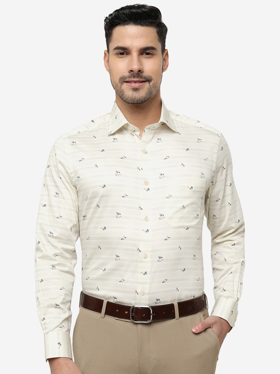 

METAL Floral Printed Cotton Slim Fit Formal Shirt, Cream