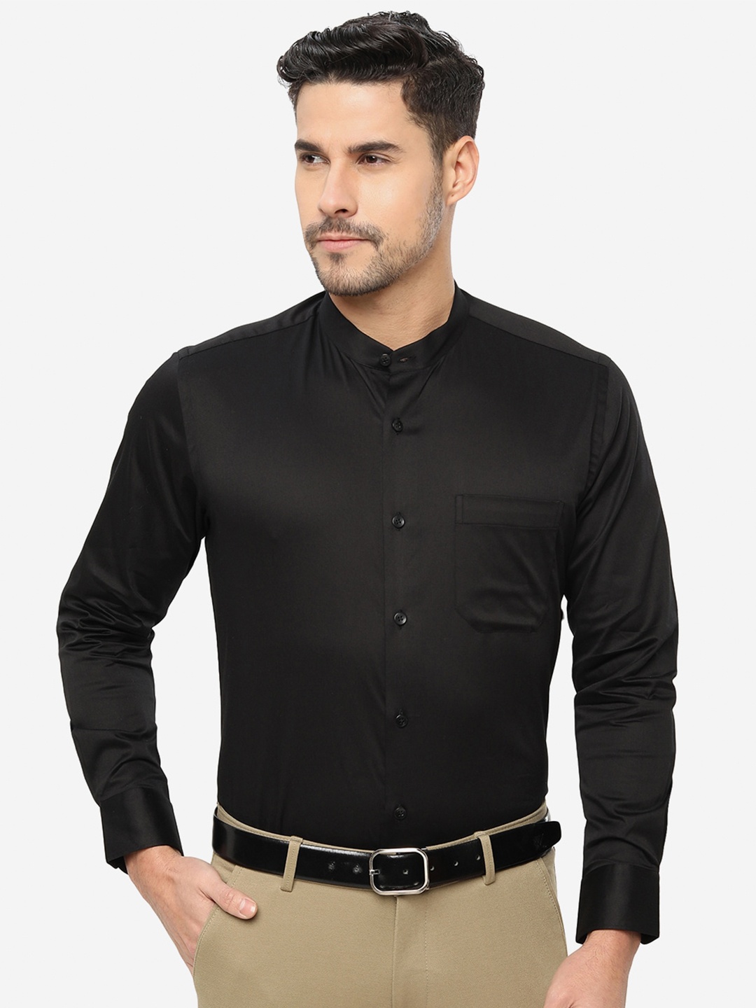 

METAL Mandarin Collar Slim Fit Cotton Formal Shirt, Black