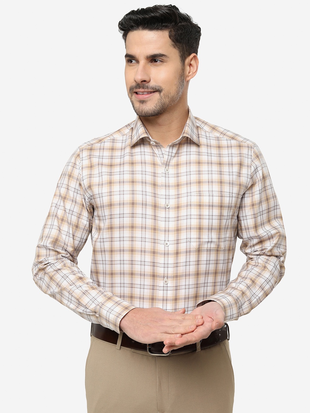 

METAL Tartan Checks Cotton Slim Fit Formal Shirt, Beige