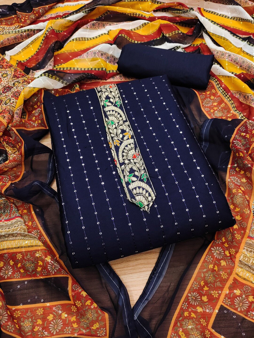

KALINI Embroidered Unstitched Dress Material, Navy blue