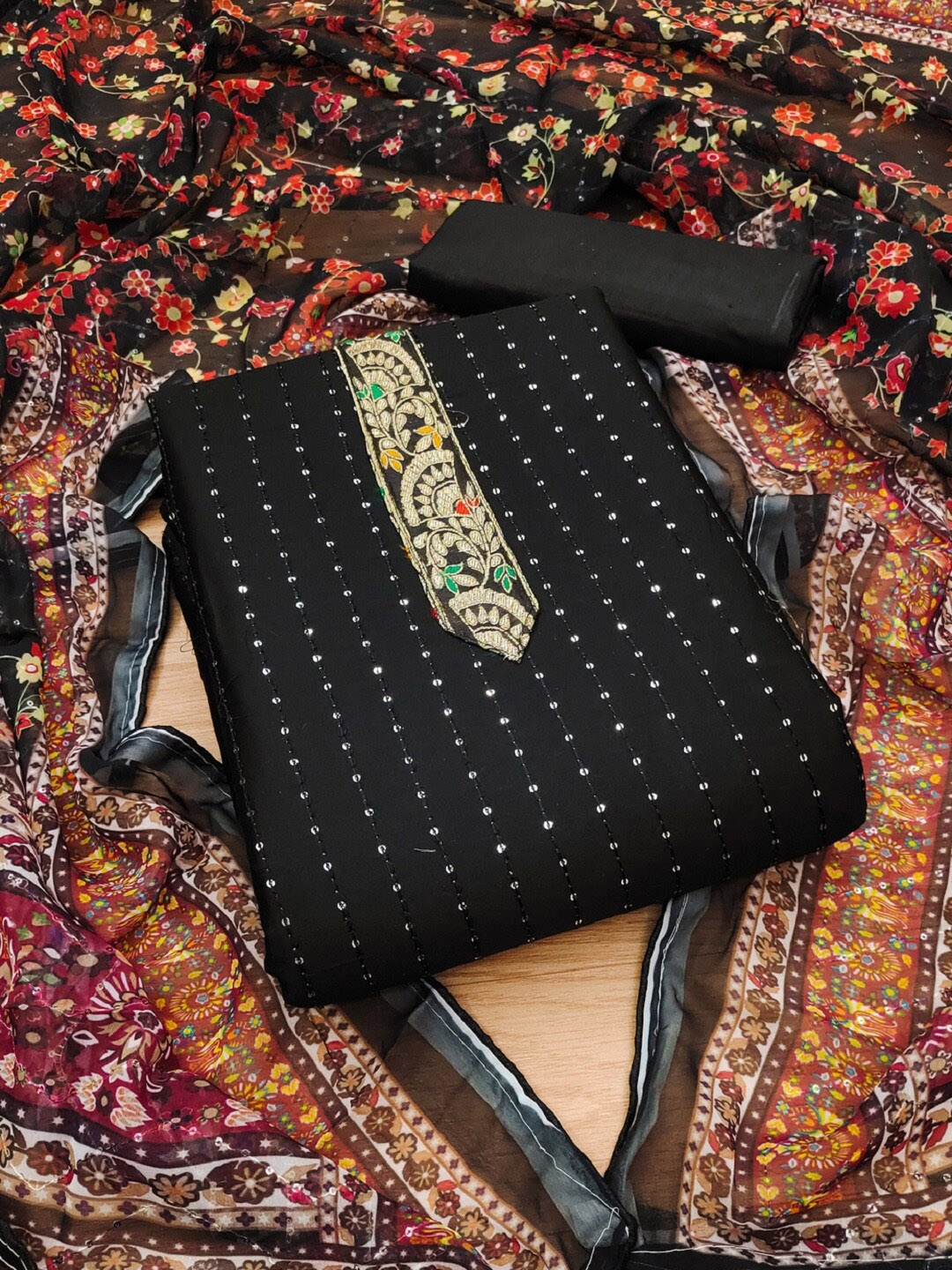 

KALINI Embroidered Unstitched Dress Material, Black