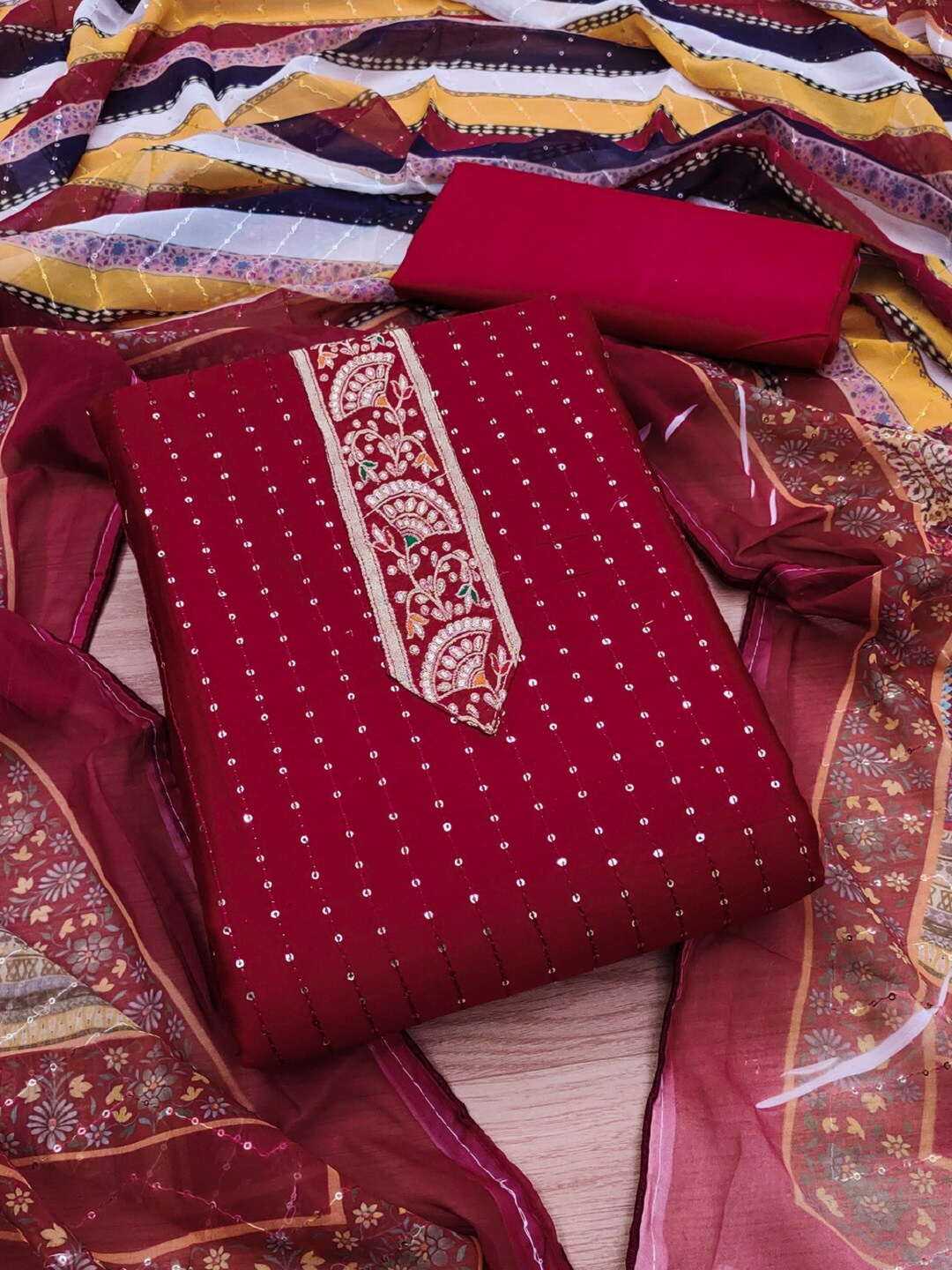 

KALINI Embroidered Unstitched Dress Material, Maroon