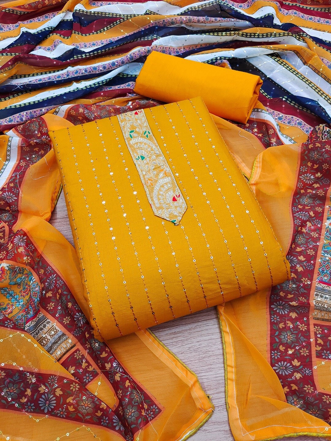 

KALINI Embroidered Unstitched Dress Material, Yellow