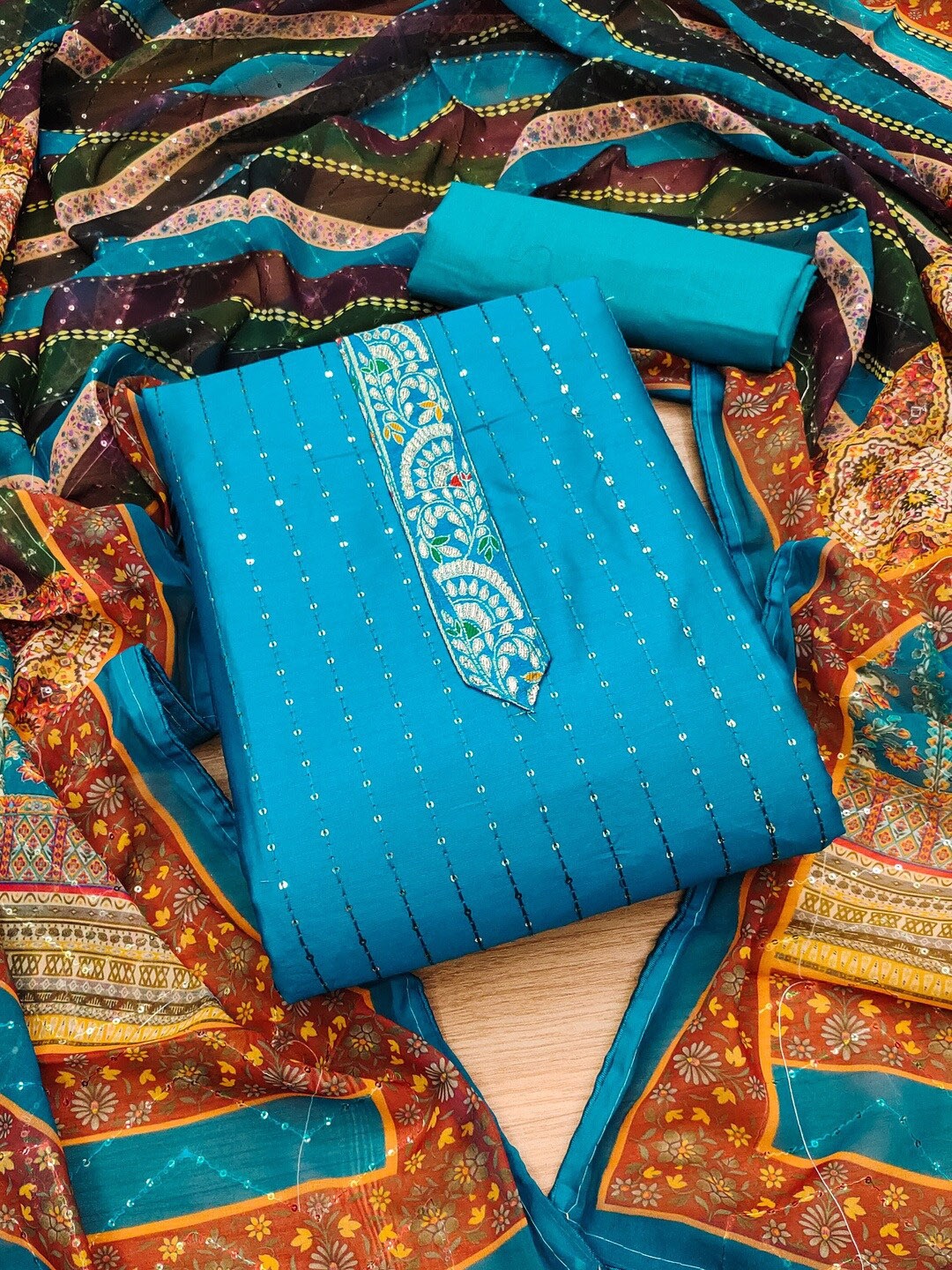 

KALINI Floral Embroidered Unstitched Dress Material, Blue