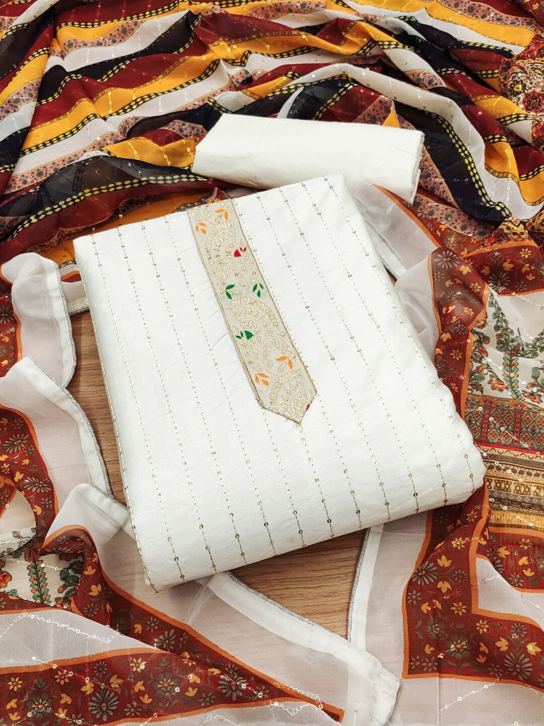 

KALINI Floral Embroidered Unstitched Dress Material, White