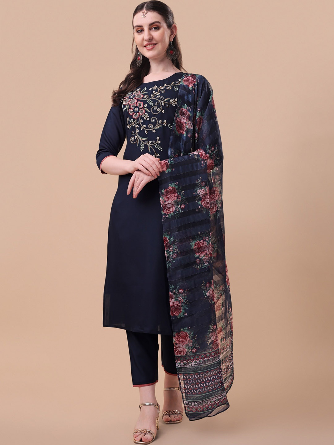 

Berrylicious Embroidered Beads and Stones Chanderi Cotton Kurta with Trousers & Dupatta, Navy blue