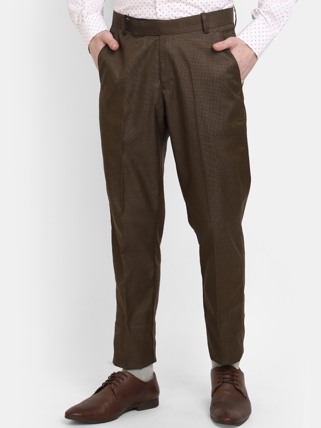 

J White by Vmart Men Textured Classic Slim Fit Easy Wash Cotton Trousers, Brown
